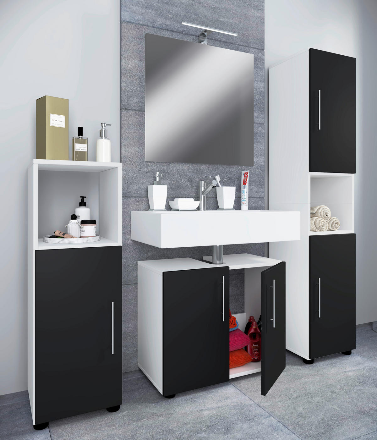 Badezimmer-Set 4tlg-Flandu schwarz weiß B/H/T: ca. 60x51x46 cm 4tlg-Flandu - weiß/schwarz (60,00/51,00/46,00cm) - VCM Möbel