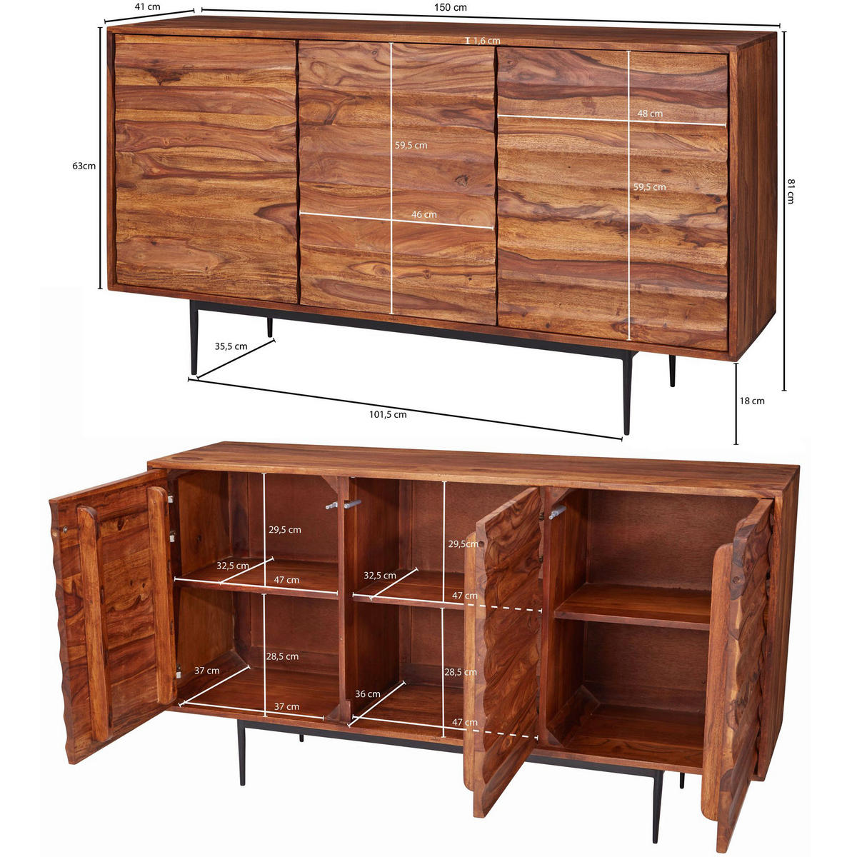 Sideboard natur beschichtet schwarz lackiert B/H/T: ca. 150x81x41 cm Sideboard - natur/schwarz (150,00/81,00/41,00cm) - Wohnling