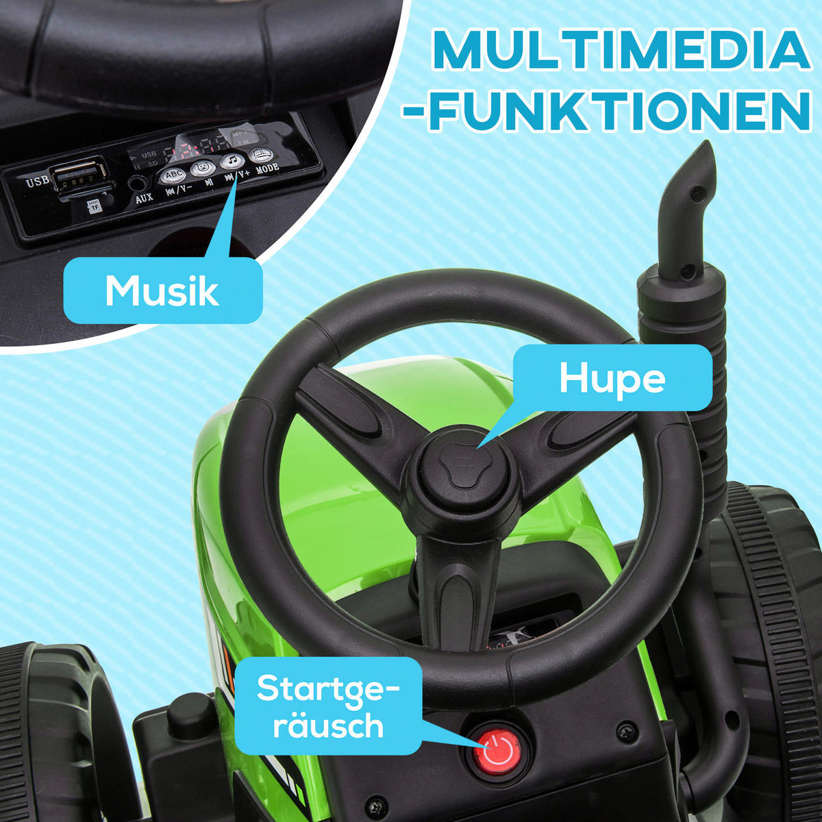 HOMCOM Kinder Elektro-Traktor grün B/H/L: ca. 50x52,5x136,5 cm Kinder Elektro-Traktor - grün (136,50/50,00/52,50cm) - HOMCOM