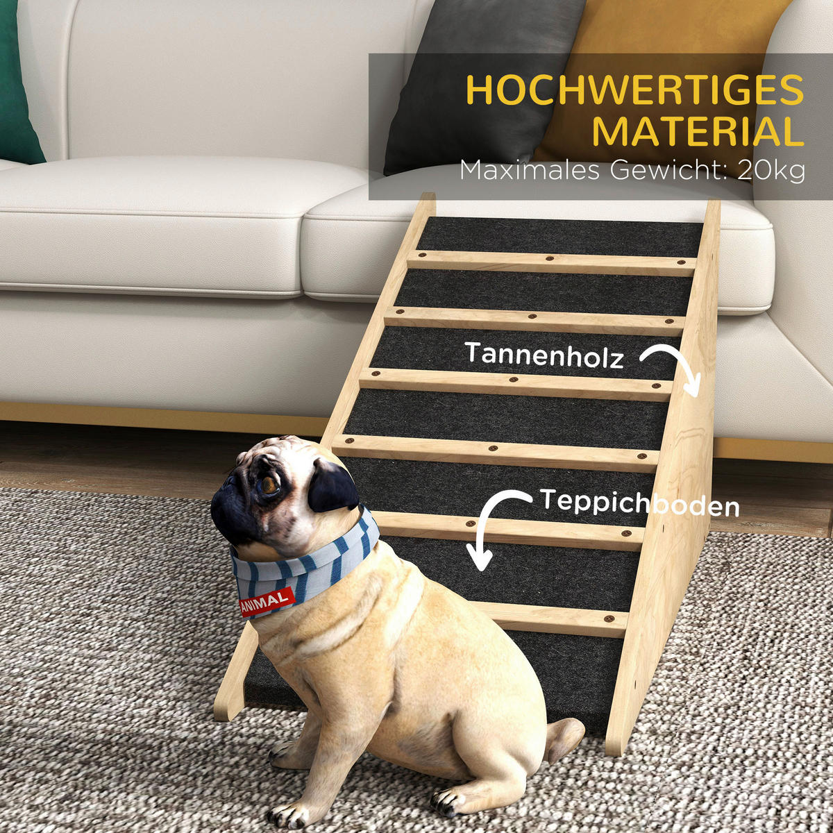 PawHut Haustierrampe natur Holz B/H/L: ca. 40x90x45 cm Haustierrampe - natur/grau (45,00/40,00/90,00cm) - PawHut