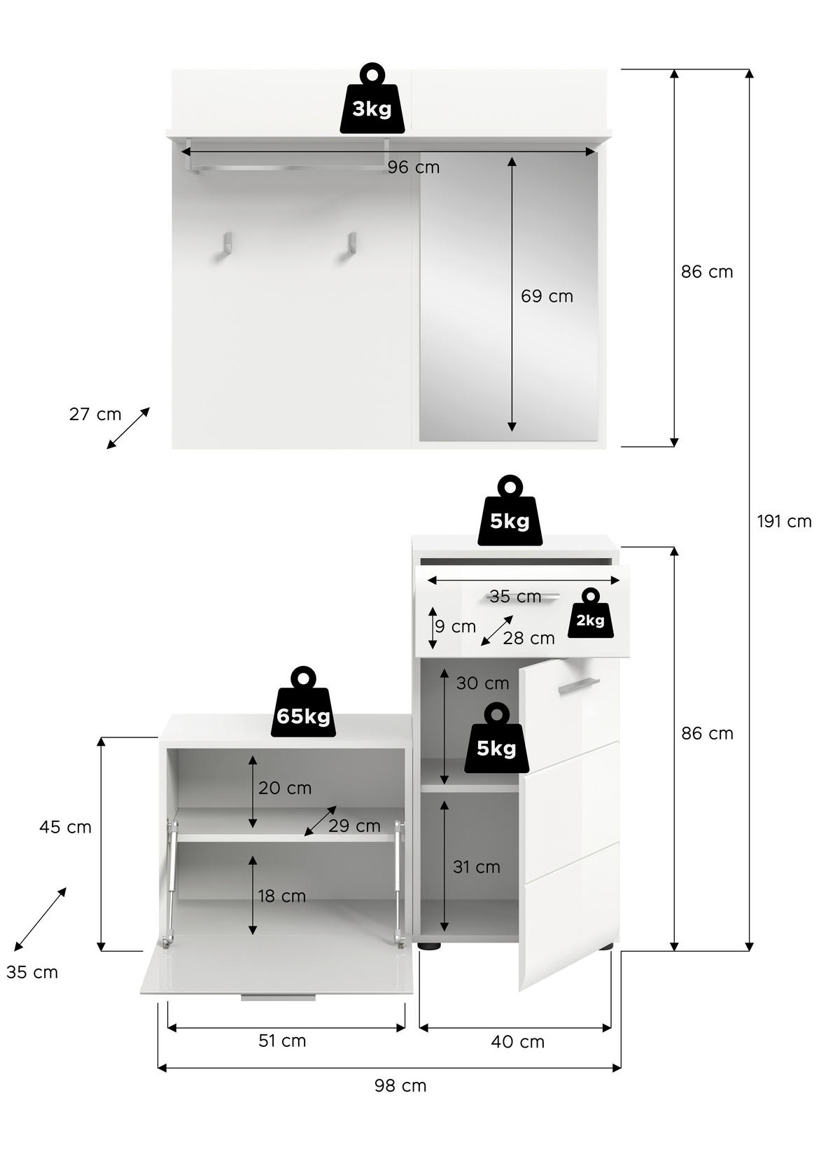 Garderobe Ice weiß weiß Hochglanz Spiegel B/H/T: ca. 98x191x35 cm Ice - weiß (98,00/191,00/35,00cm) - xonox.home