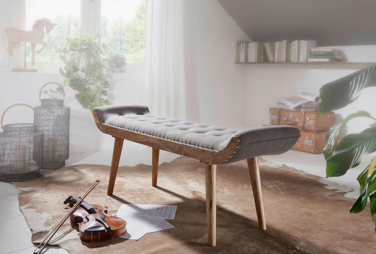 Wohnling Sitzbank grau natur Stoff Echtholz B/H/T: ca. 125x51x38 cm Sitzbank - natur/grau (125,00/51,00/38,00cm) - Wohnling