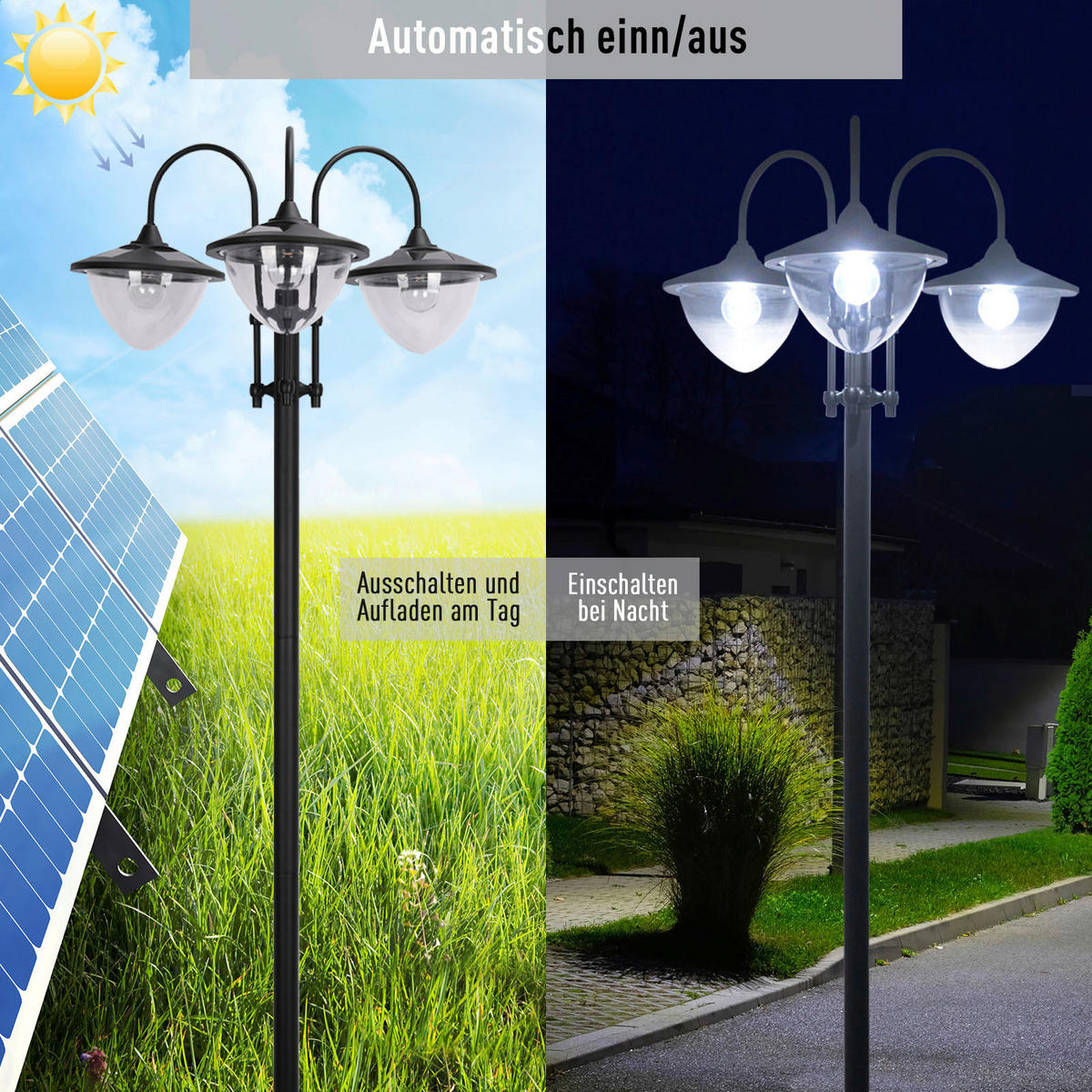 Solarlaterne mit Blumentopf schwarz Aluminium Edelstahl Polypropylen B/H/L: ca. 55x189x60 cm Solarlaterne_mit_Blumentopf - schwarz (60,00/55,00/189,00cm) - Outsunny