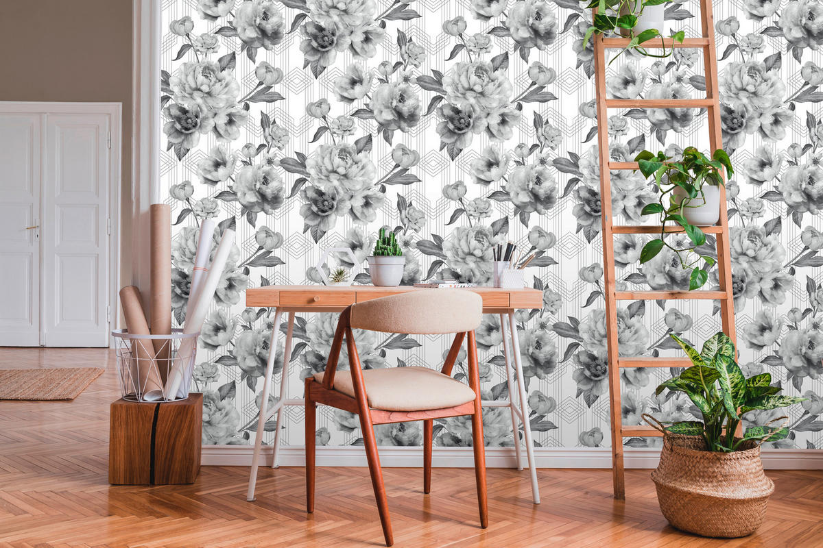 UGEPA Papiertapete Blumen grau weiß B/L: ca. 53x1005 cm glitzernd Papiertapete_A58509 - weiß/grau (53,00/1005,00cm) - UGEPA