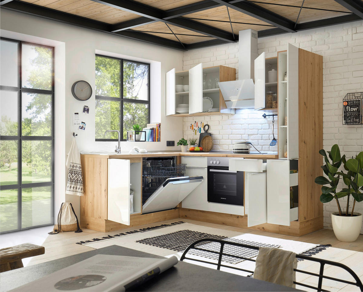 Respekta Winkelküche Marleen weiß Hochglanz B/H/T: ca. 250x211x170 cm Marleen - Eiche/weiß (250,00/211,00/170,00cm) - Respekta