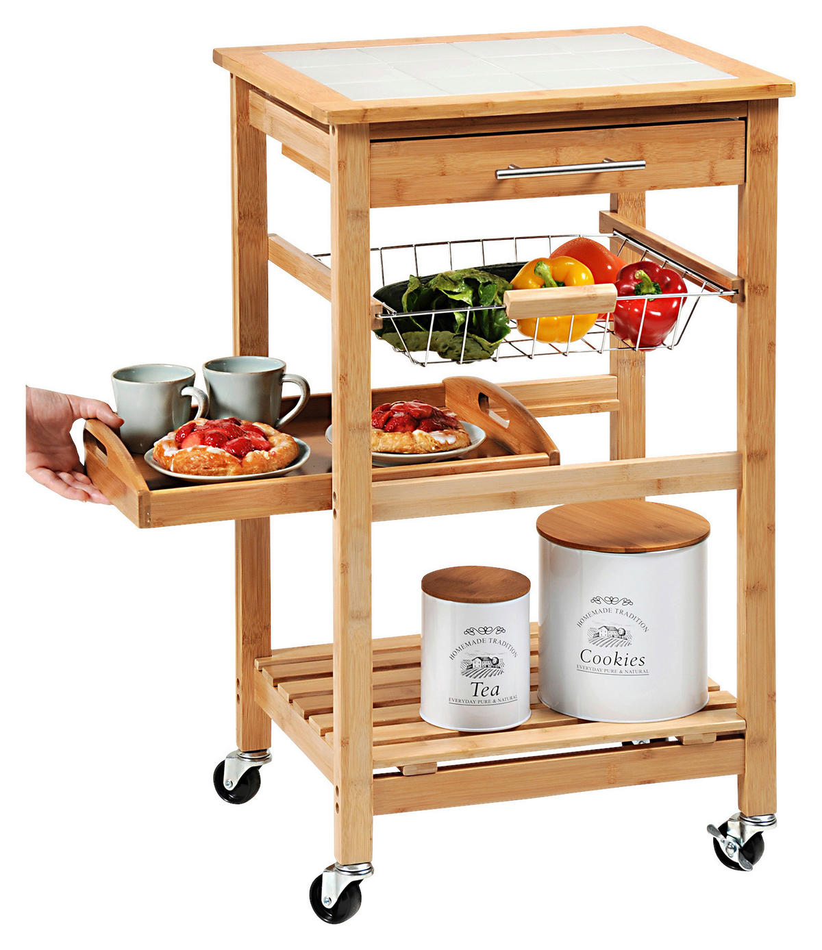 Kesper Küchenwagen weiß Bambus B/H/L: ca. 38x81x48 cm Küchenwagen - weiß/natur (48,00/38,00/81,00cm) - Kesper