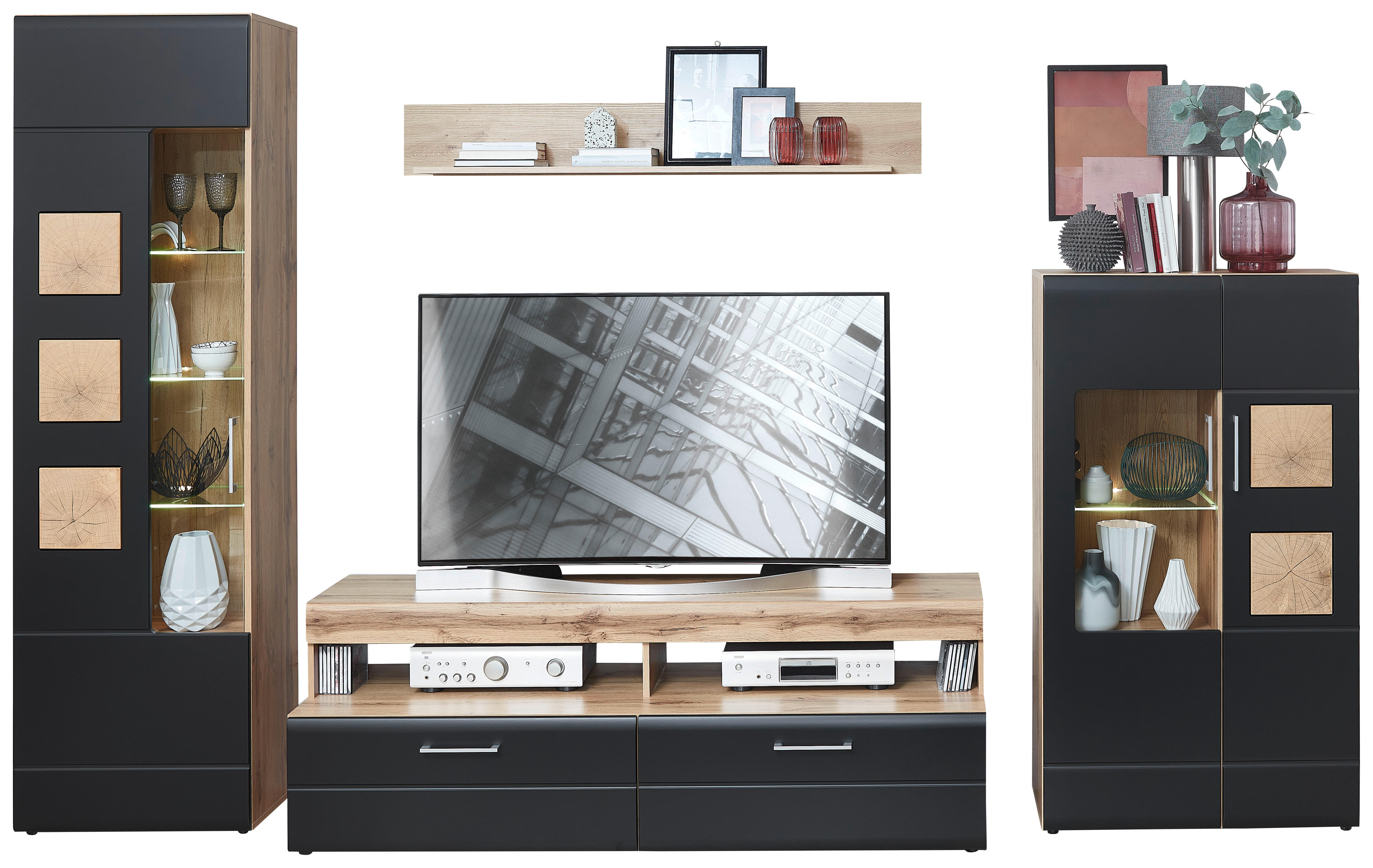 Wohnwand Sonate Eiche Nachbildung schwarz matt B/H/T: ca. 340x208x52 cm Sonate - schwarz (340,00/208,00/52,00cm)