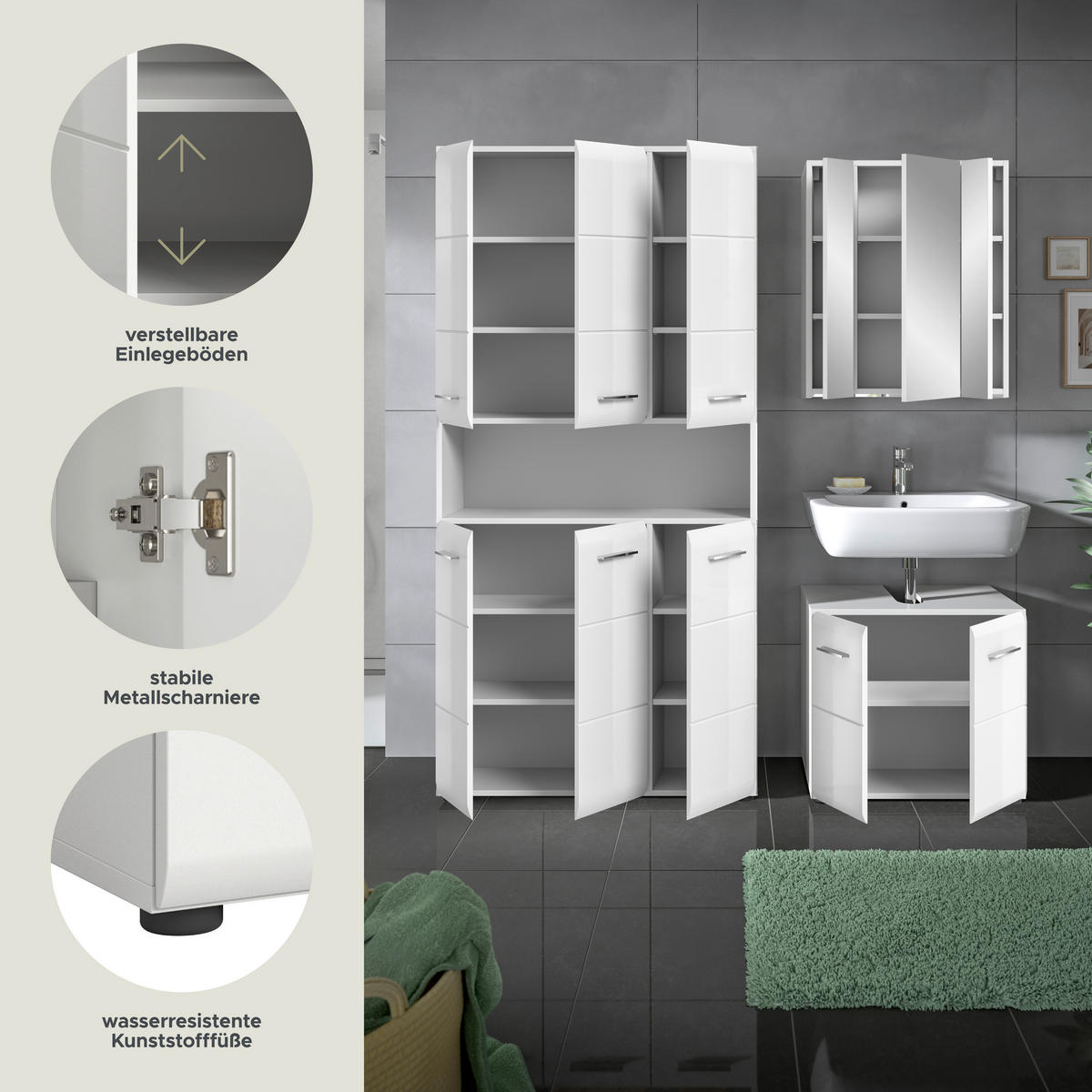 Badezimmer-Set Ice weiß weiß Hochglanz B/H/T: ca. 165x185x30 cm Ice - weiß (165,00/185,00/30,00cm) - xonox.home