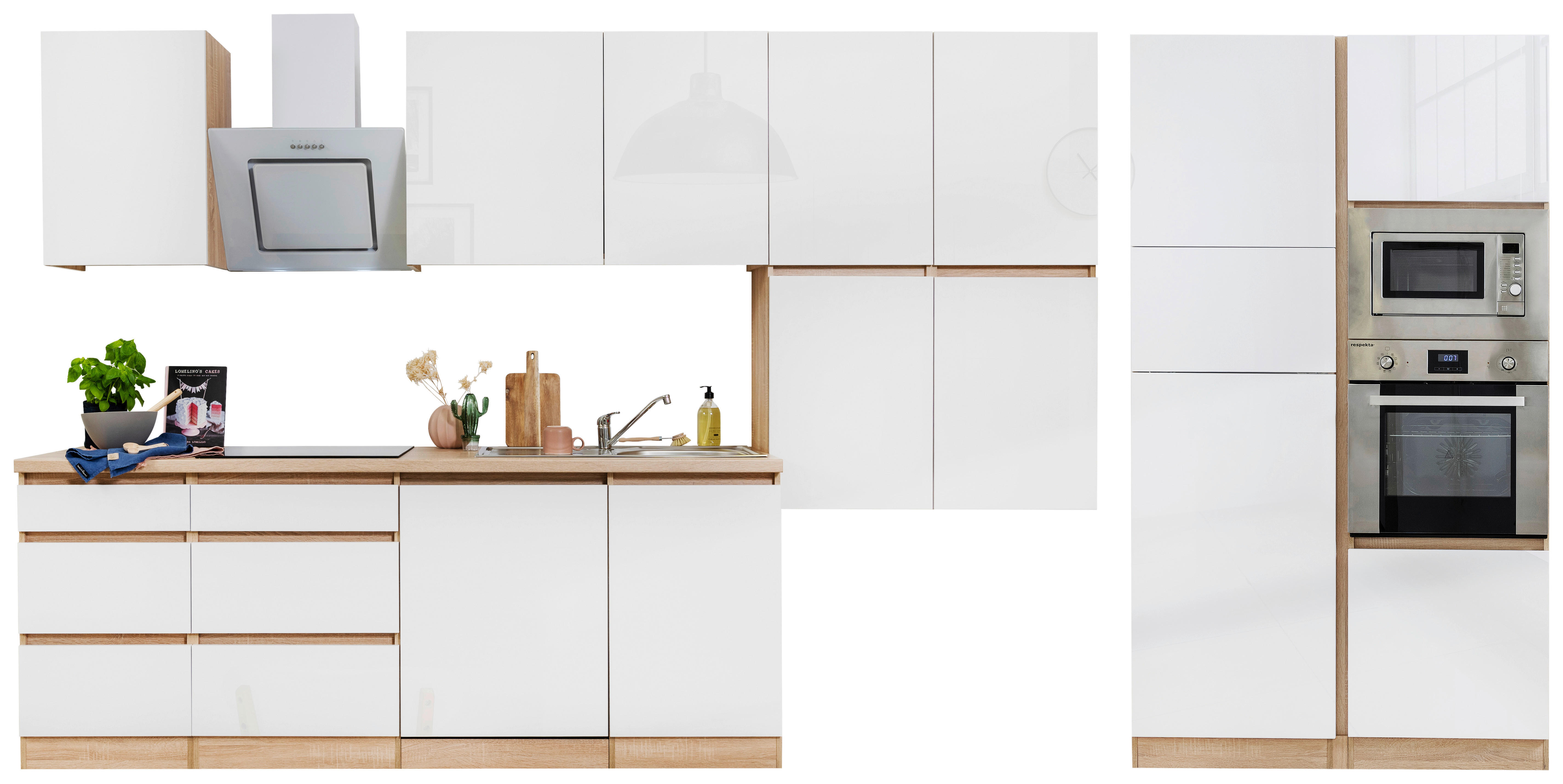 Respekta Küchenblock Premium weiß hochglänzend B/H/T: ca. 445x220,5x60 cm Premium - Eiche/weiß (445,00/220,50/60,00cm) - Respekta