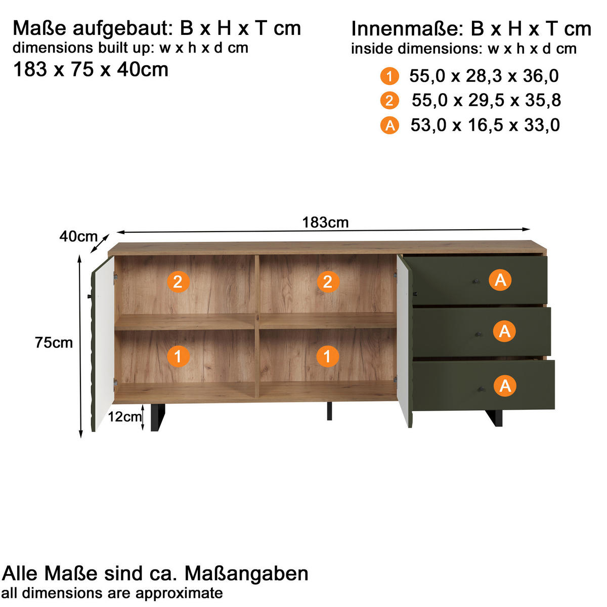 Sideboard Sentra Eiche Artisan Nachbildung grün dunkel B/H/T: ca. 183x75x40 cm Sentra - Eiche/grün (183,00/75,00/40,00cm) - Trendteam