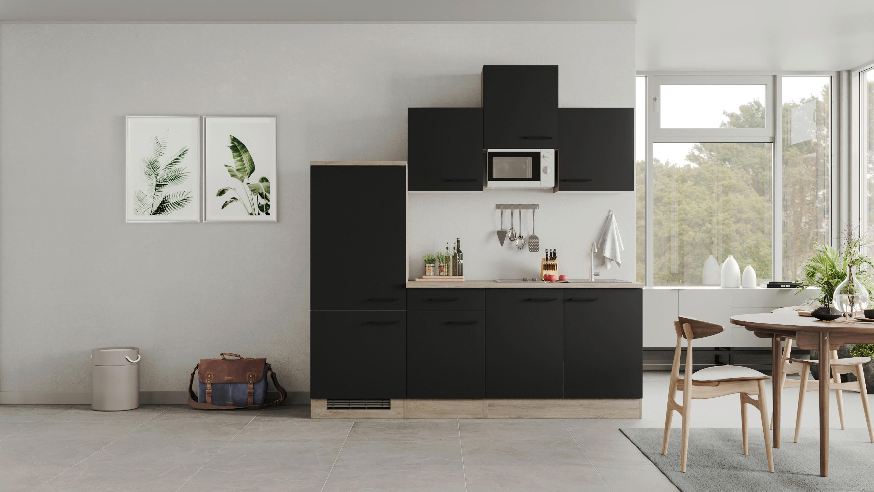 Küchenblock Capri schwarz matt B/H/T: ca. 210x226x60 cm Capri - schwarz/Oak (210,00/226,00/60,00cm) - Flex-Well