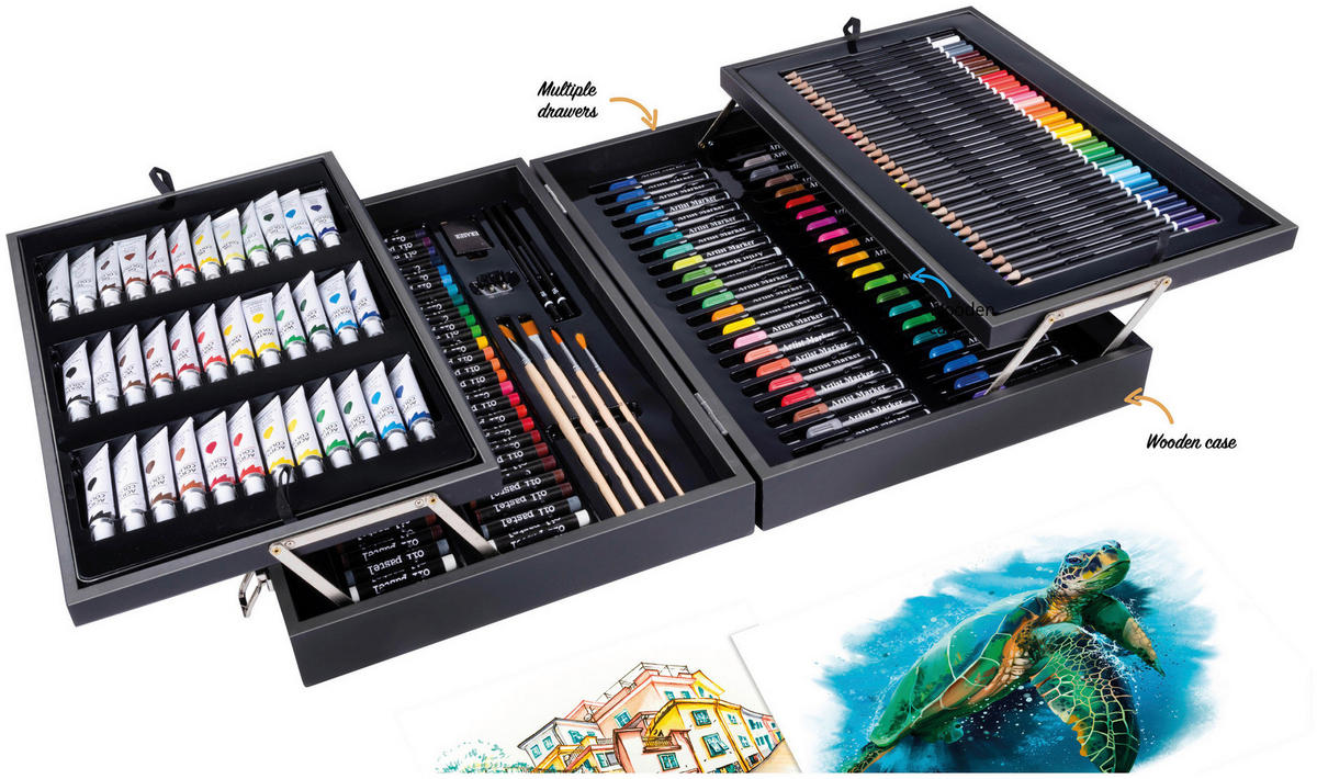 Kunst-/Malkasten 174tlg. schwarz Holz B/H/T: ca. 46,5x34,5x11,5 cm Kunst-/u.Malkasten_174tlg. - schwarz (46,50/34,50/11,50cm)