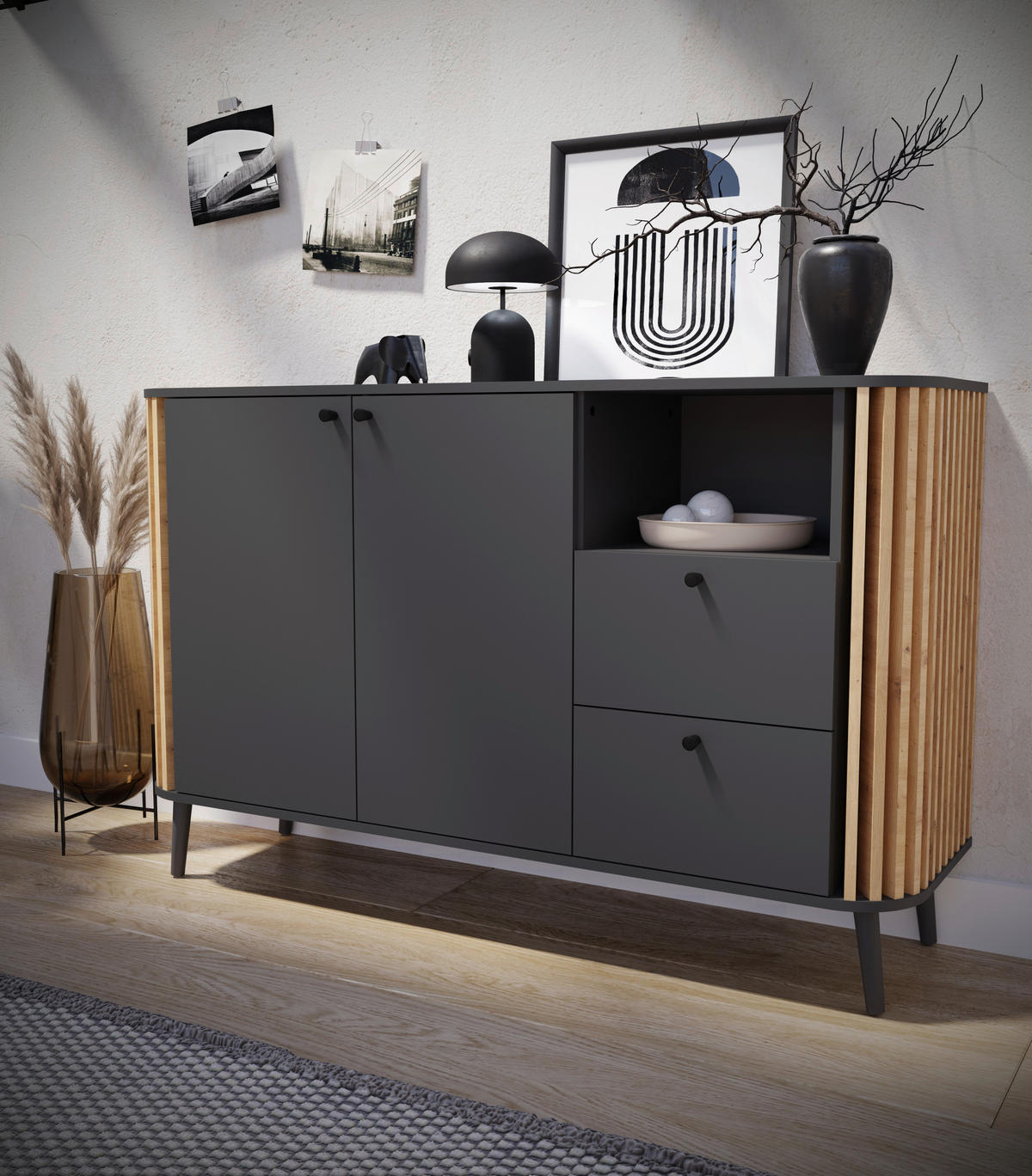 Sideboard PURE grau Eiche Artisan Nachbildung B/H/T: ca. 138x87,5x40 cm PURE - Eiche/grau (138,00/87,50/40,00cm) - xonox.home