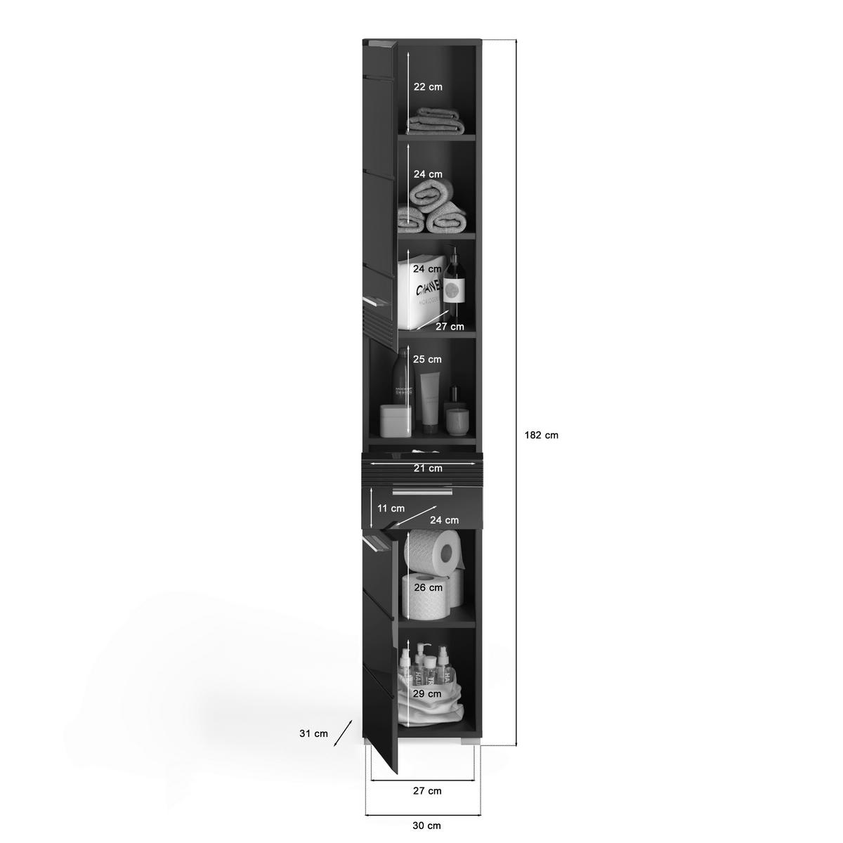 Badhochschrank LINUS schwarz schwarz Hochglanz B/H/T: ca. 30x182x31 cm LINUS - schwarz (30,00/182,00/31,00cm) - xonox.home