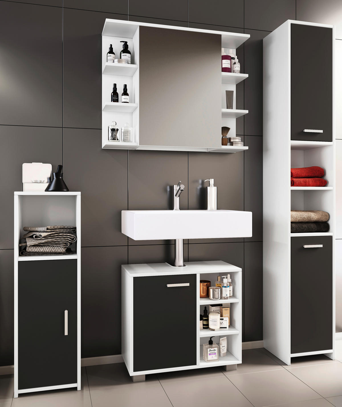 Badezimmer-Set Zalo weiß schwarz Zalo - weiß/schwarz - VCM Möbel