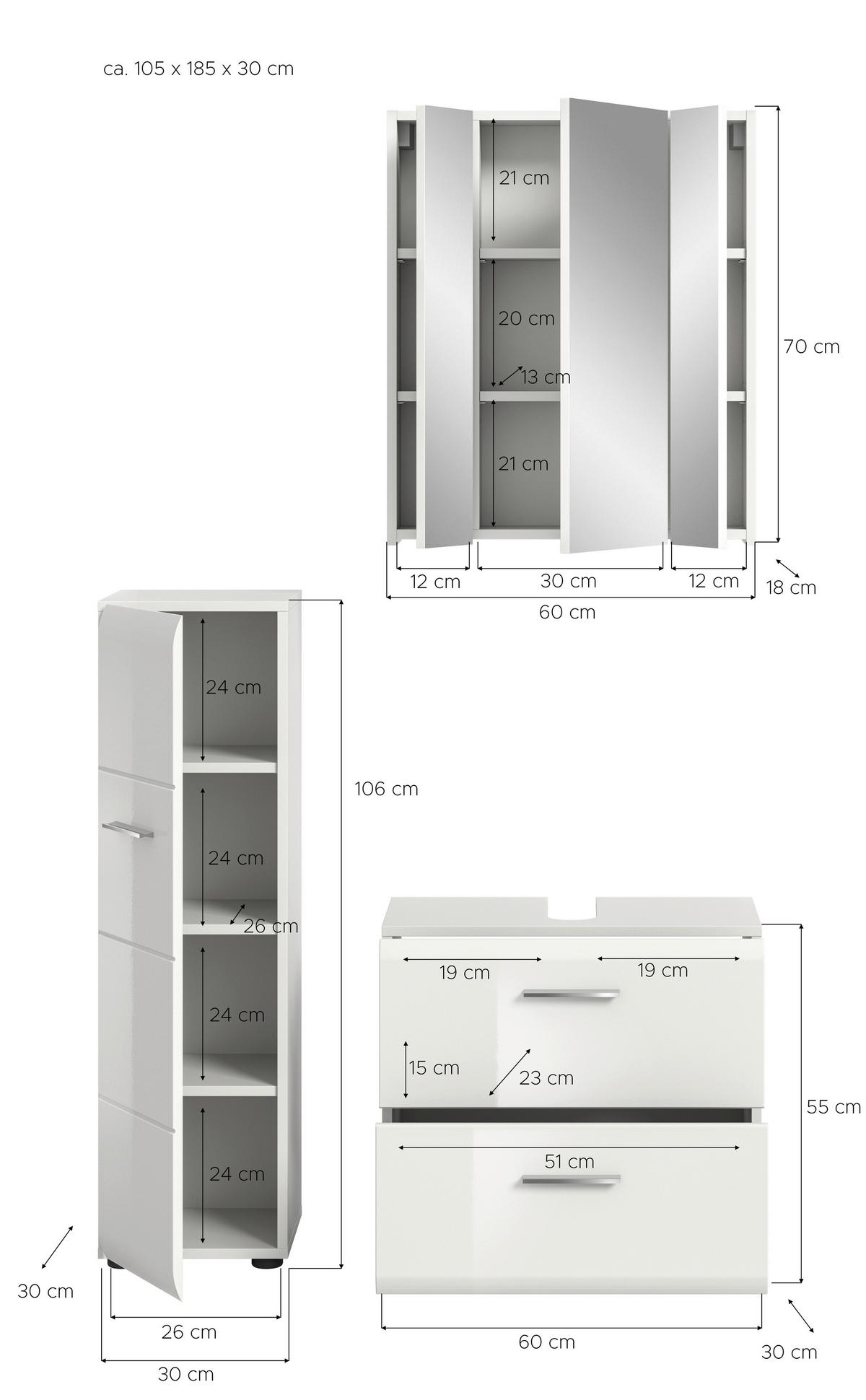 Badezimmer-Set Ice weiß weiß Hochglanz B/H/T: ca. 105x185x30 cm Ice - weiß (105,00/185,00/30,00cm) - xonox.home