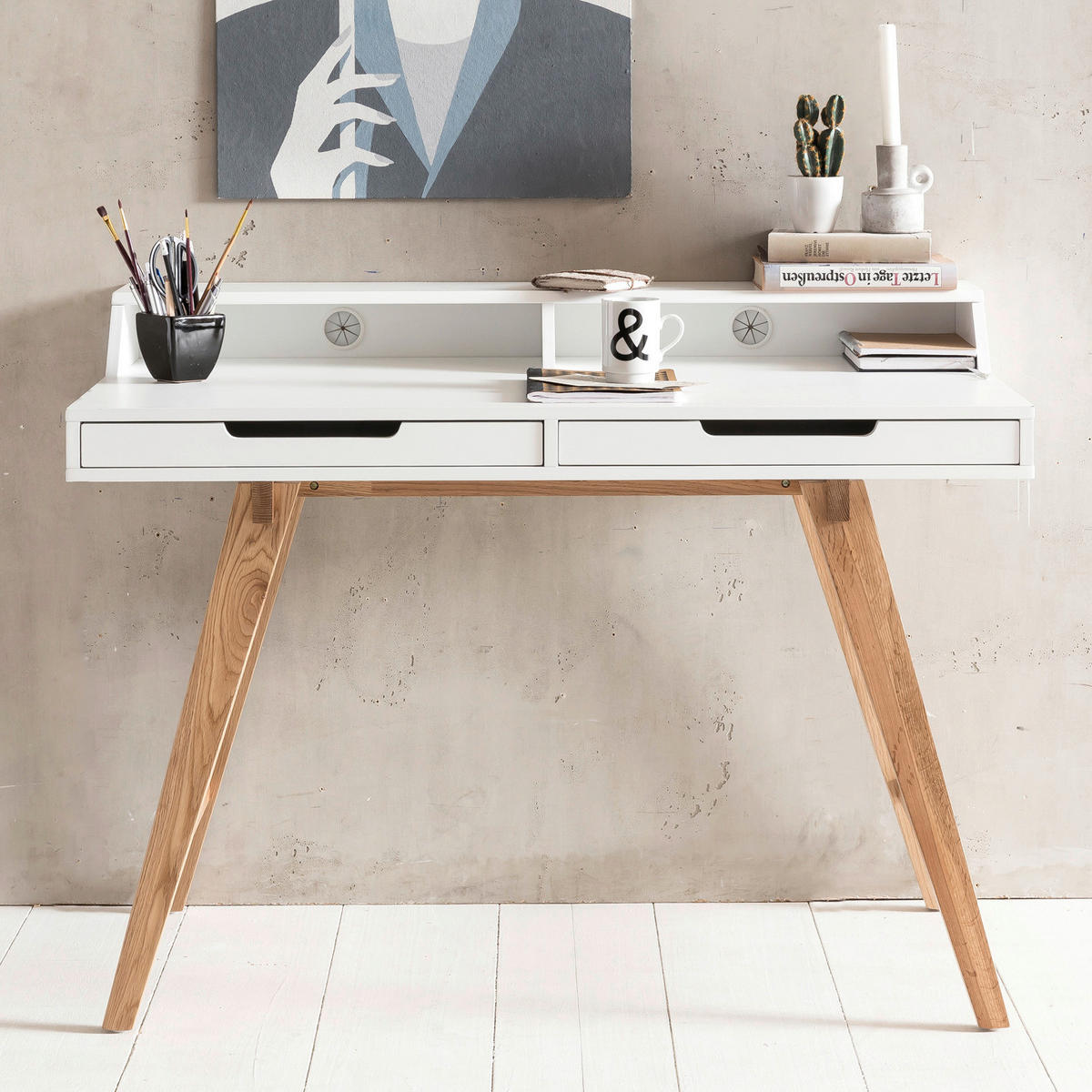 Schreibtisch weiß lackiert natur B/H/T: ca. 110x85x60 cm Schreibtisch - weiß/natur (110,00/85,00/60,00cm) - Wohnling