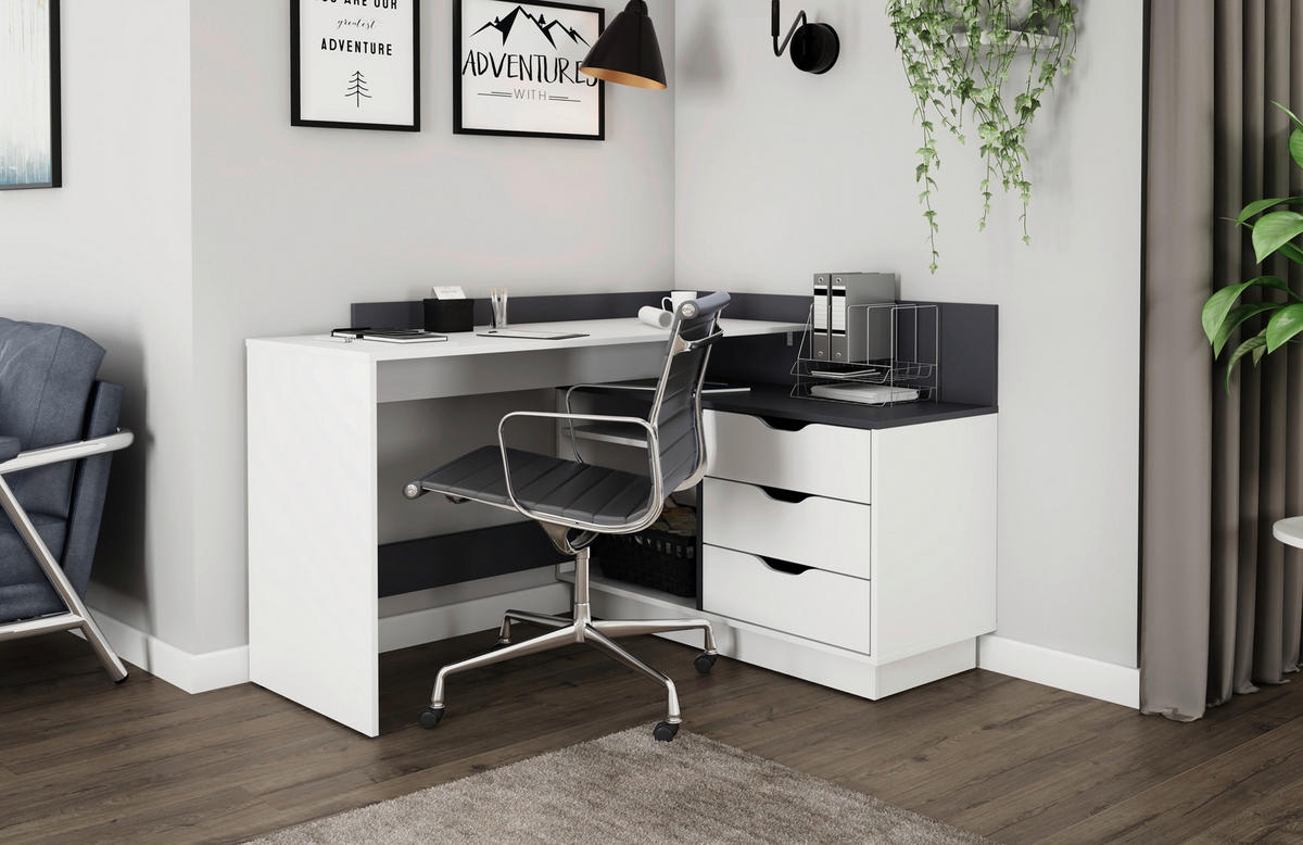 Winkelschreibtisch BELFAST weiß anthrazit B/H/T: ca. 129x83,5x105 cm BELFAST - weiß/anthrazit (129,00/83,50/105,00cm) - byLIVING