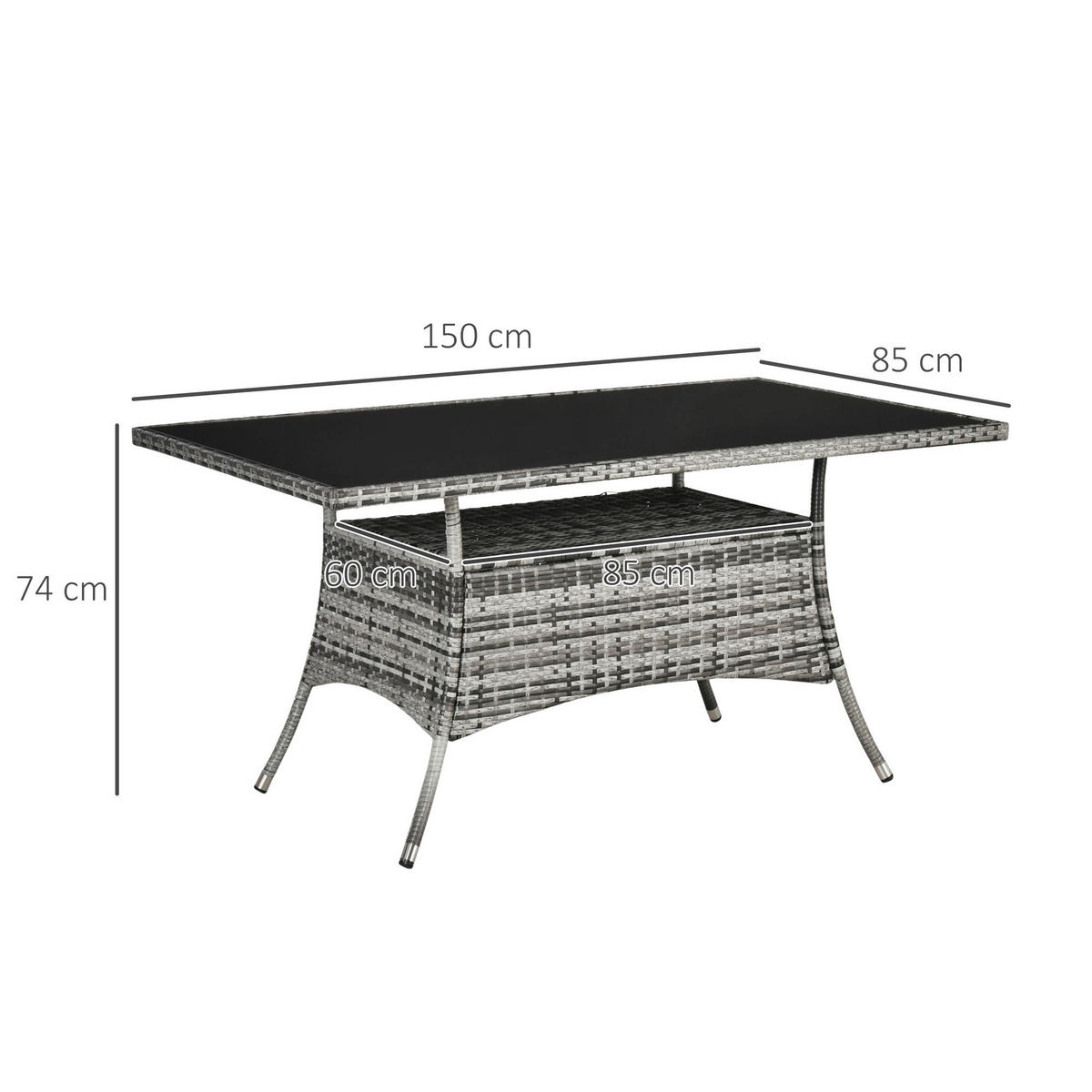 Outsunny Gartentisch grau Polypropylen B/H/L: ca. 85x150x74 cm Gartentisch - schwarz/grau (74,00/85,00/150,00cm) - Outsunny