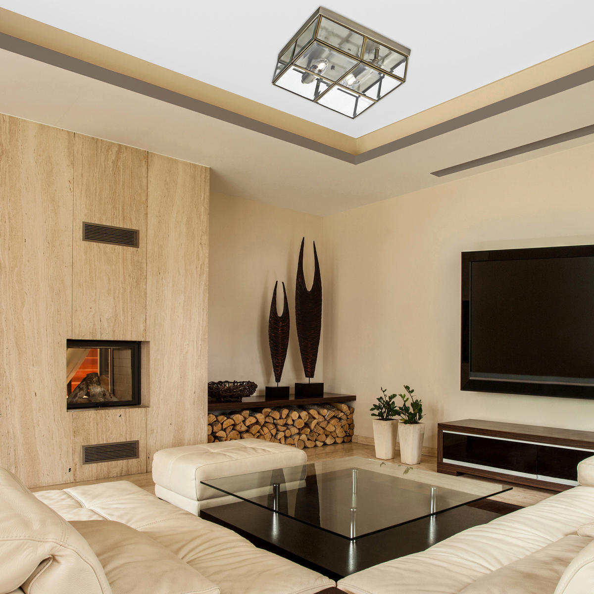 Searchlight Deckenleuchte messing transparent Stahl Glas B/H/L: ca. 25x10x25 cm E14 2 Brennstellen Pisa - messing/transparent (25,00/25,00/10,00cm) - Searchlight