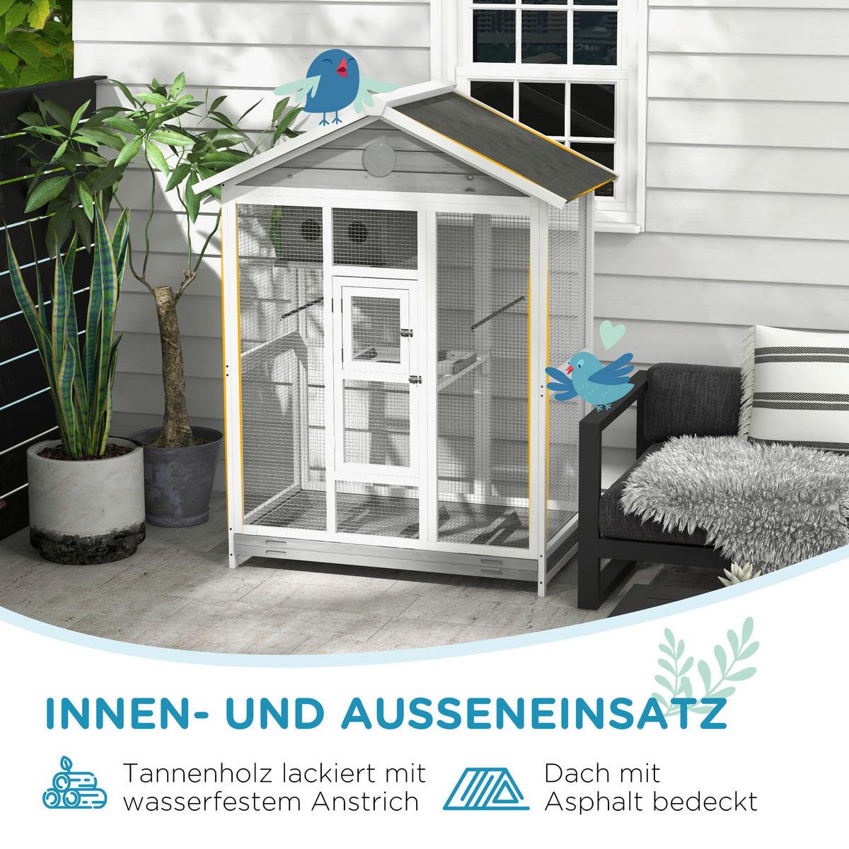 PawHut Vogelkäfig grau Holz B/H/L: ca. 68x154x112 cm Vogelkäfig - weiß/schwarz (112,00/68,00/154,00cm) - PawHut