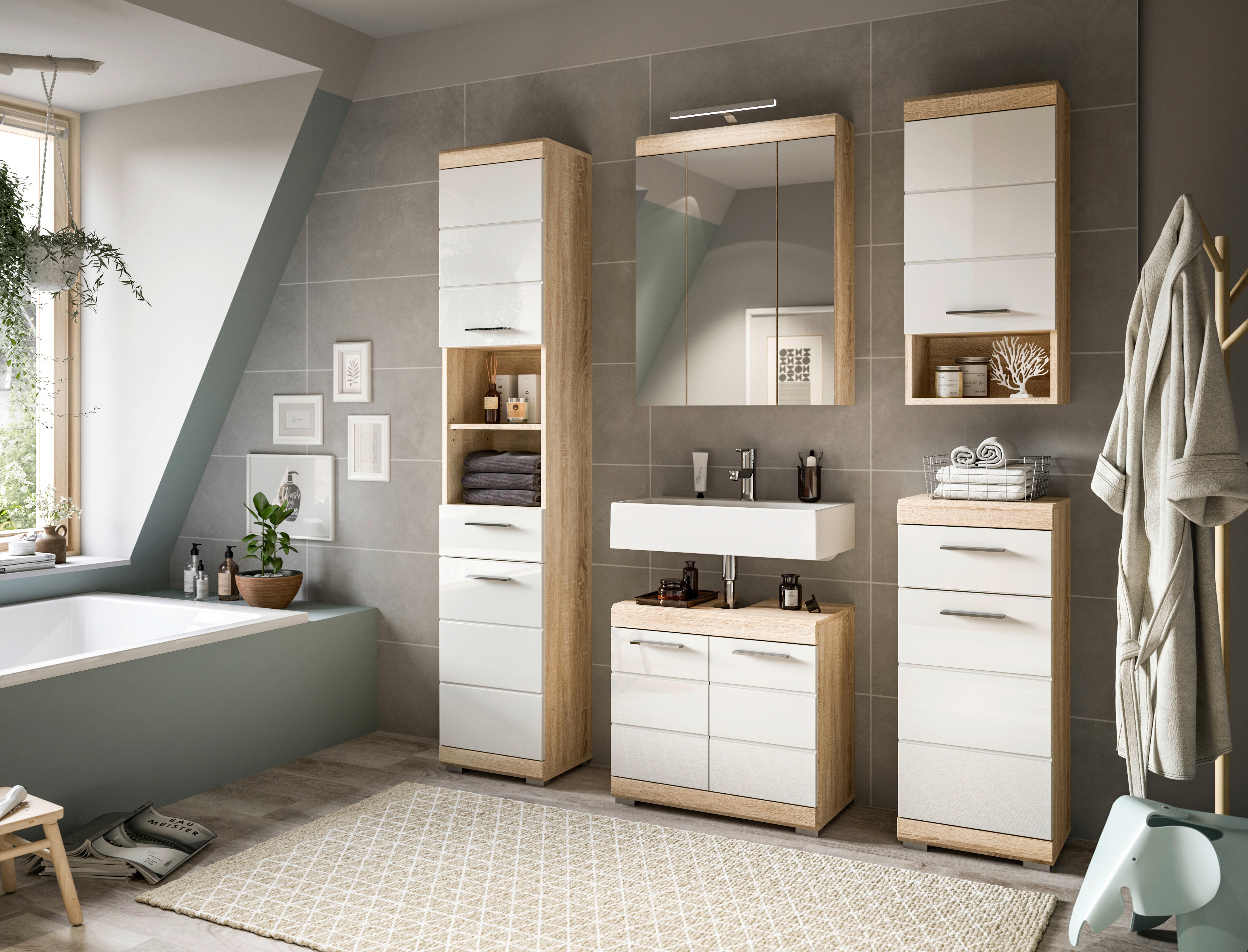 Badhängeschrank LAMBADA Eiche Sonoma hell Nachbildung weiß Hochglanz B/H/T: ca. 37x79x24 cm LAMBADA - Eiche/weiß (37,00/79,00/24,00cm) - xonox.home