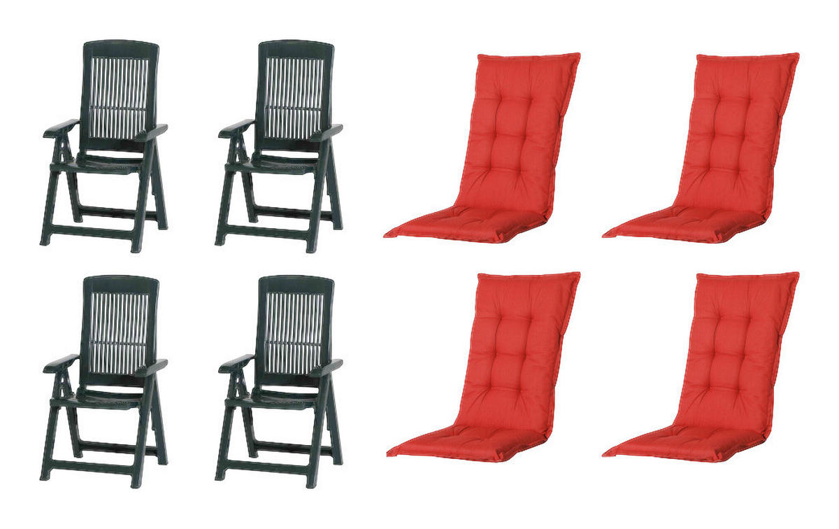PROGARDEN,MADISON Klappsessel Set + Auflagen Tampa rot Kunststoff B/H/L: ca. 61x109x60 cm Tampa - rot/grün (60,00/61,00/109,00cm) - PROGARDEN,MADISON