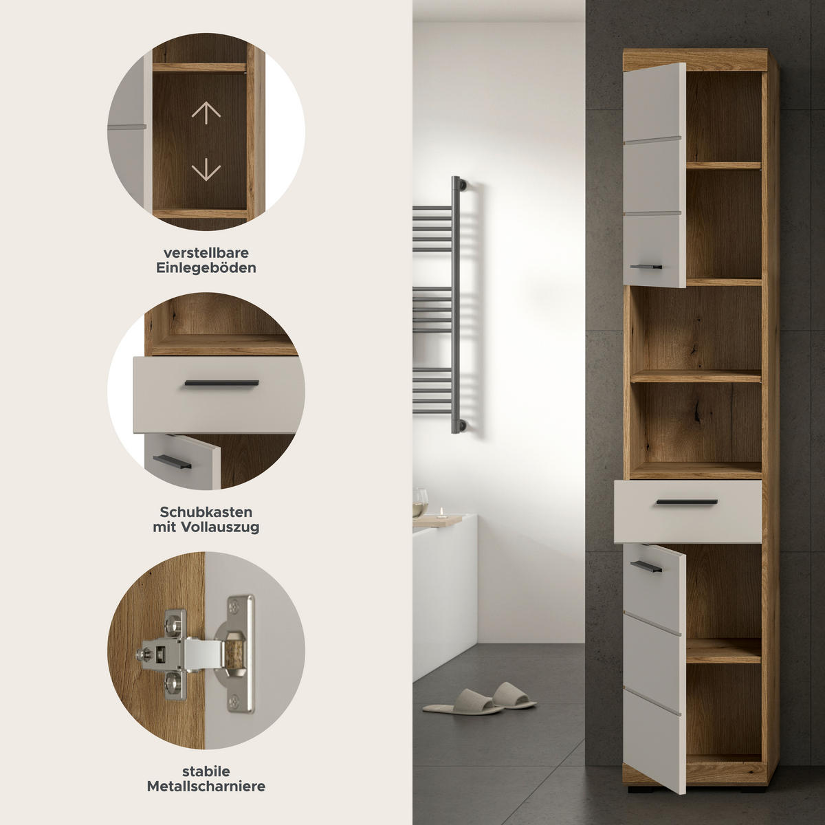 Badhochschrank Scout Evoke Oak Nachbildung Kaschmirgrau Nachbildung B/H/T: ca. 37x191x31 cm Scout - Kaschmirgrau (37,00/191,00/31,00cm) - xonox.home