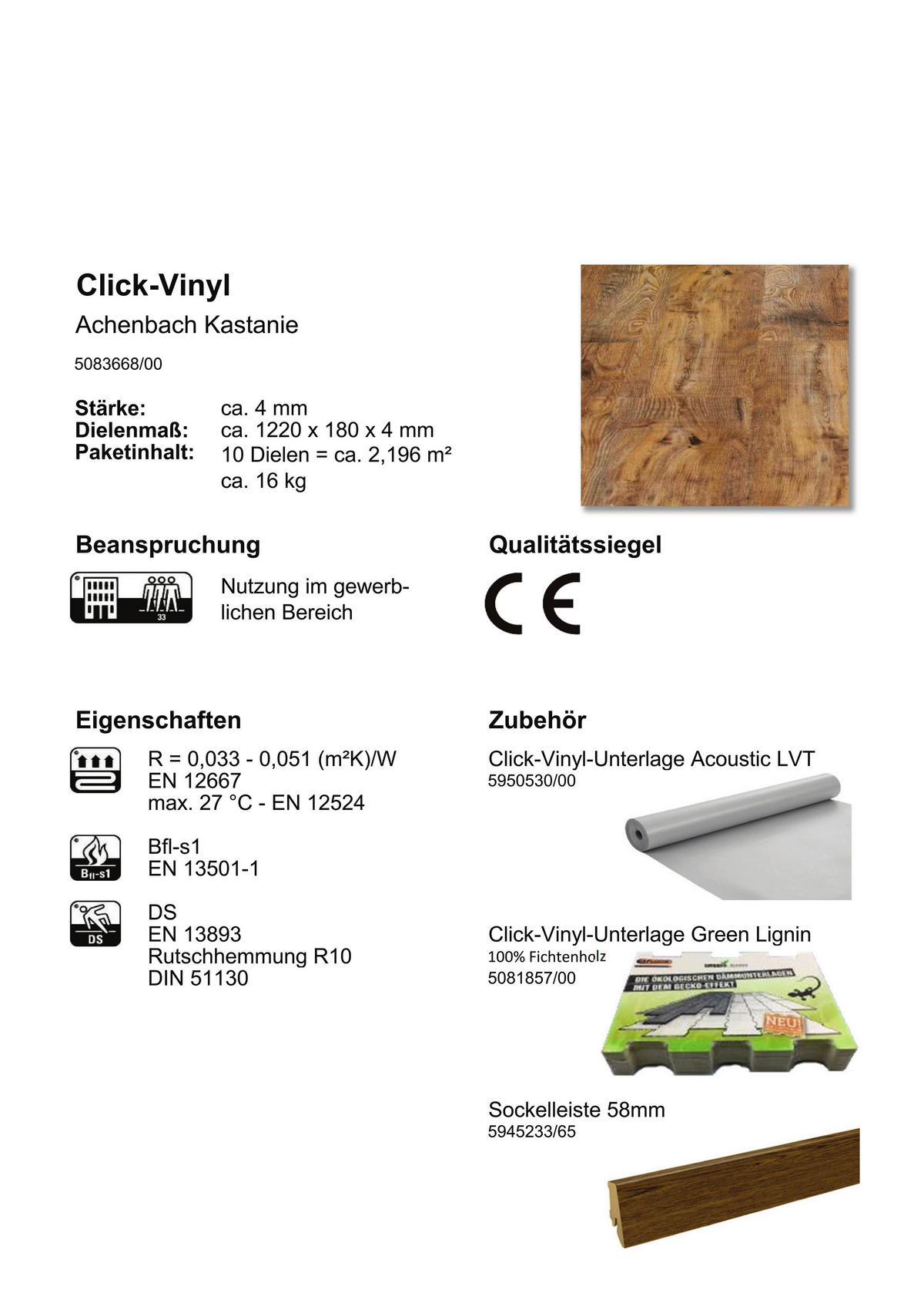 Check One Click-Vinylboden Achenbach ca. 2,196 m² im Paket  B/L: ca. 18x122 cm pro Paket Achenbach ca. 2,196 m² im Paket - Kastanie (18,00/122,00cm) - Check One