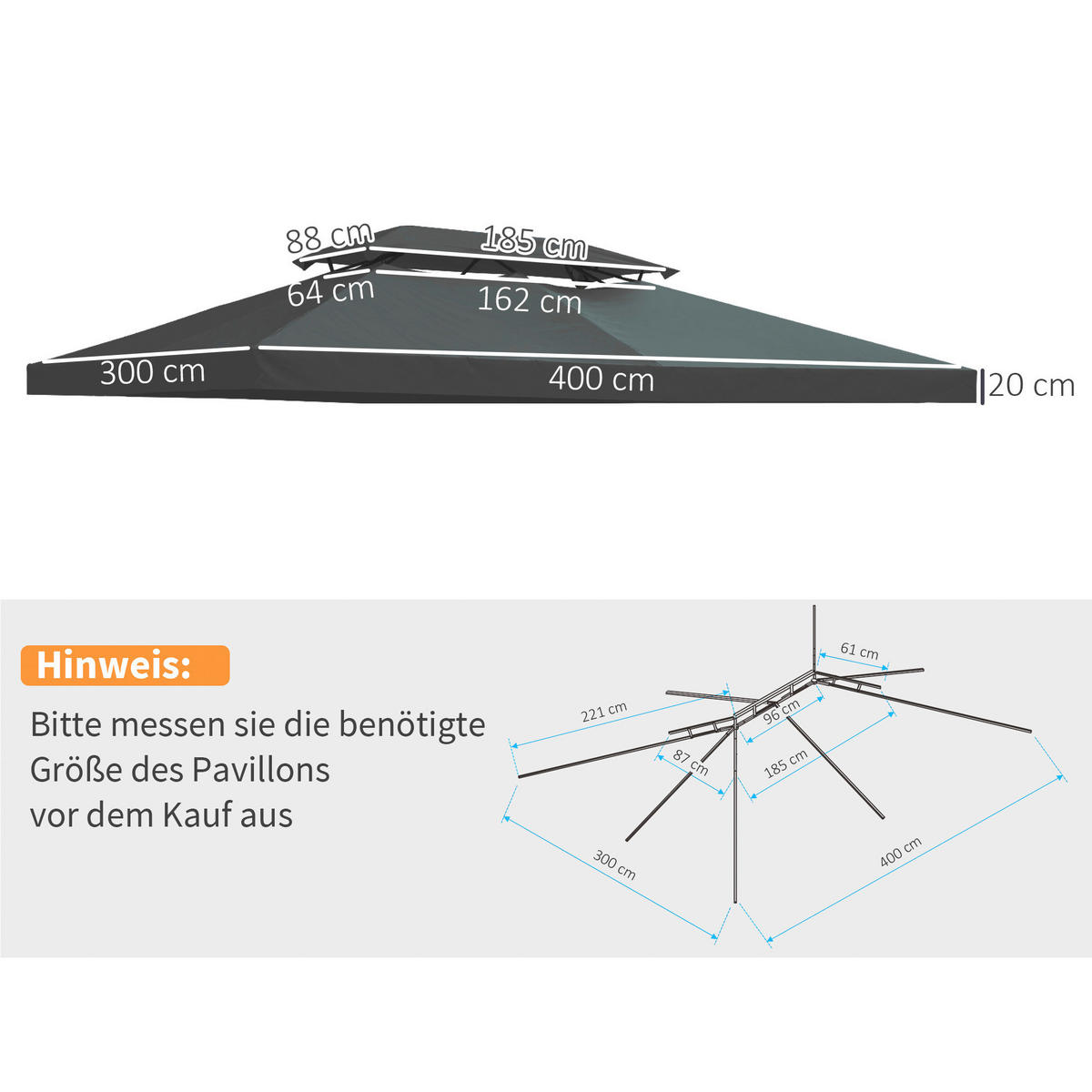 Outsunny Ersatzdach für Pavillon Ersatzdach_für_Pavillon - grau (300,00/400,00/20,00cm) - Outsunny