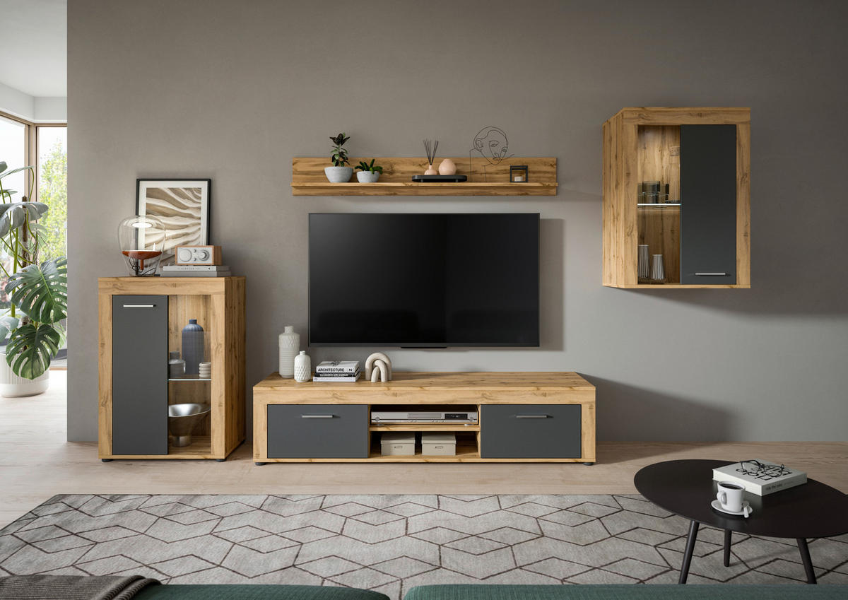 Wohnwand Jam Eiche Wotan Nachbildung grau B/H/T: ca. 310x169x35 cm Jam - Eiche/grau (310,00/169,00/35,00cm) - xonox.home