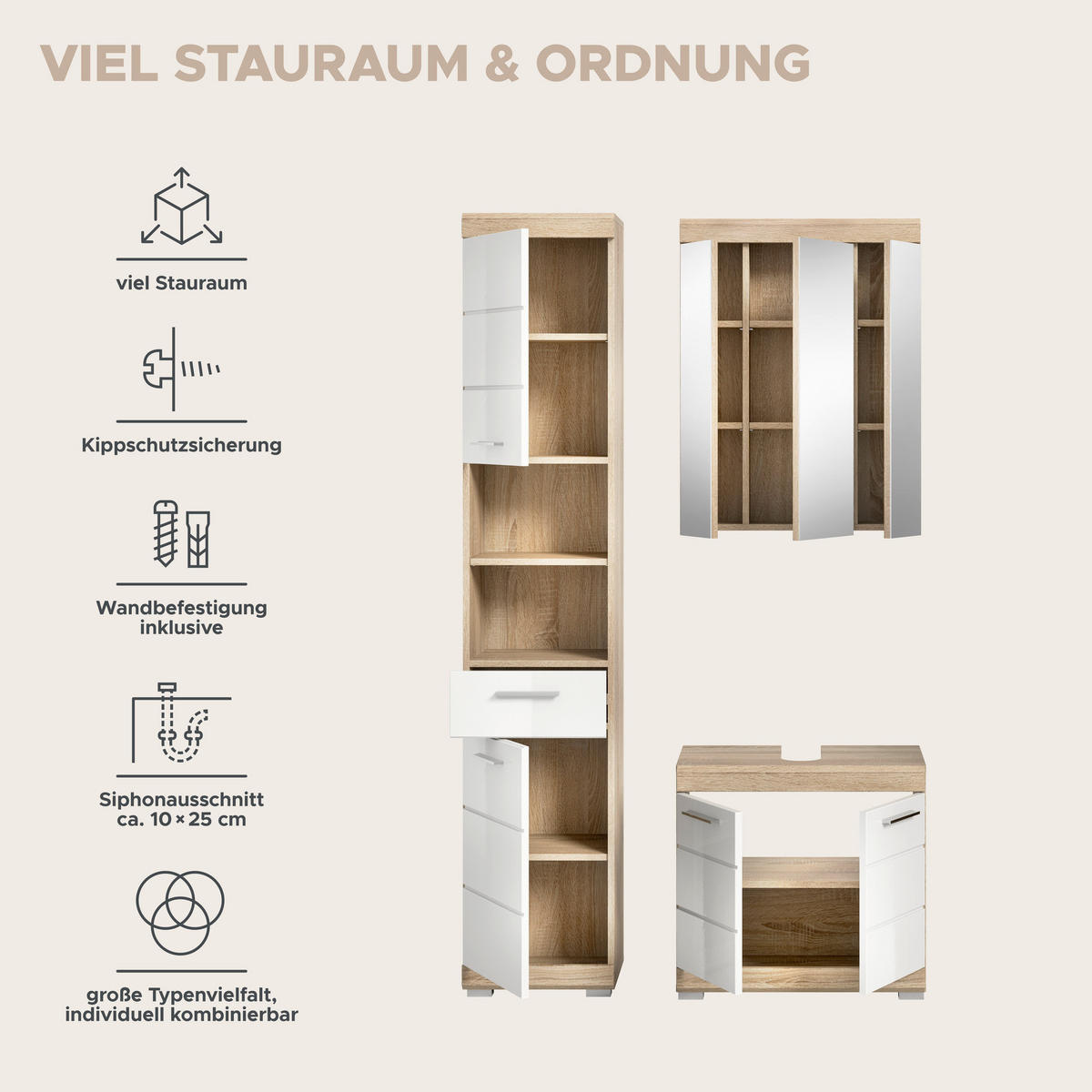 Badezimmer-Set Lambada Eiche Sonoma Nachbildung weiß Hochglanz B/H/T: ca. 112x191x34 cm Lambada - Eiche/weiß (112,00/191,00/34,00cm) - xonox.home