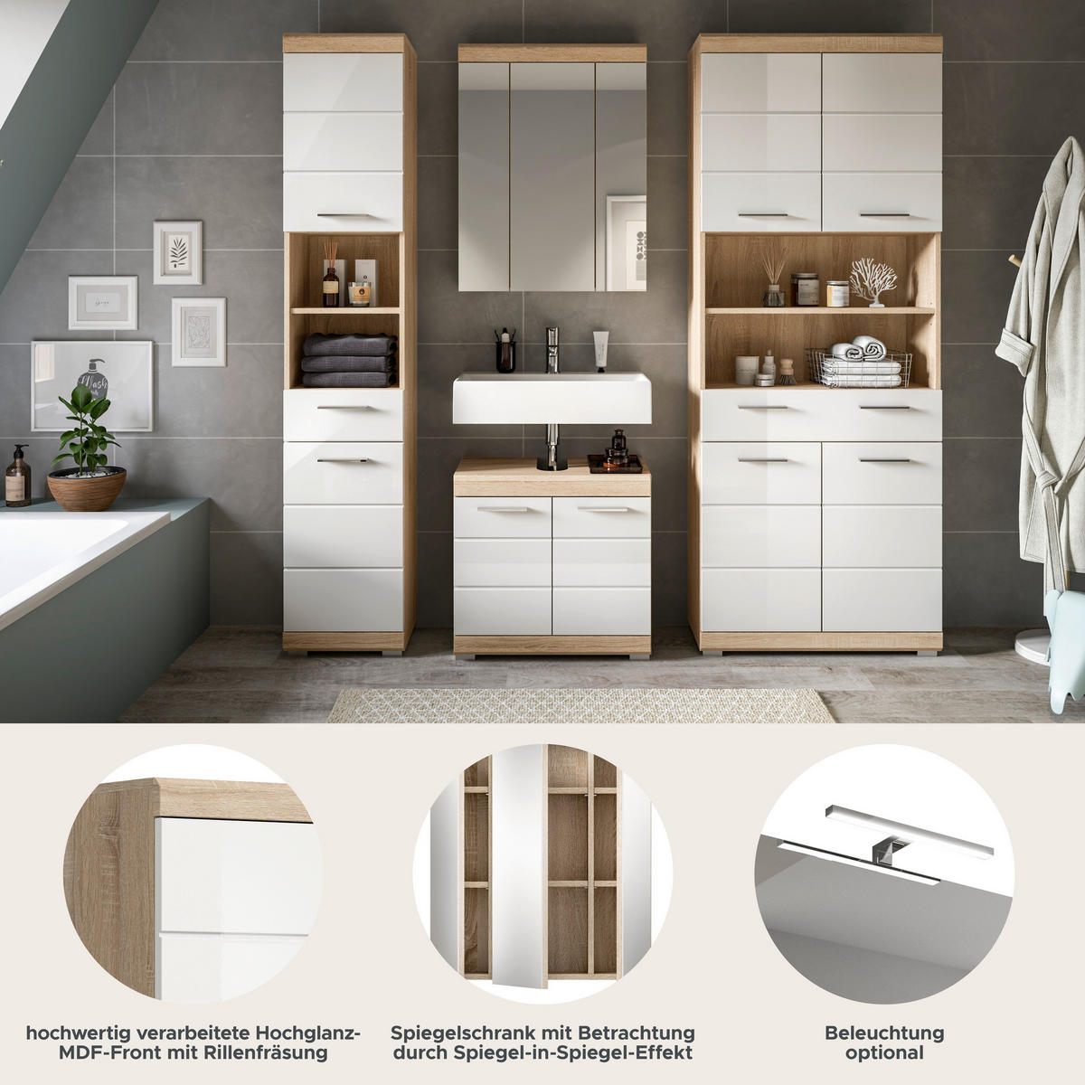 Badezimmer-Set Lambada Eiche Sonoma Nachbildung weiß Hochglanz B/H/T: ca. 186x191x34 cm Lambada - Eiche/weiß (186,00/191,00/34,00cm) - xonox.home