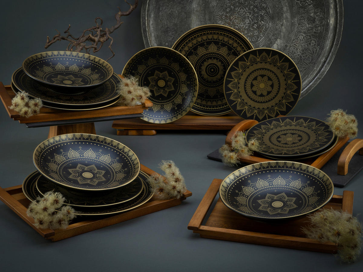 CreaTable Tafelservice MANDALA GOLD schwarz Steinzeug 12 tlg. MANDALA GOLD - schwarz - CreaTable