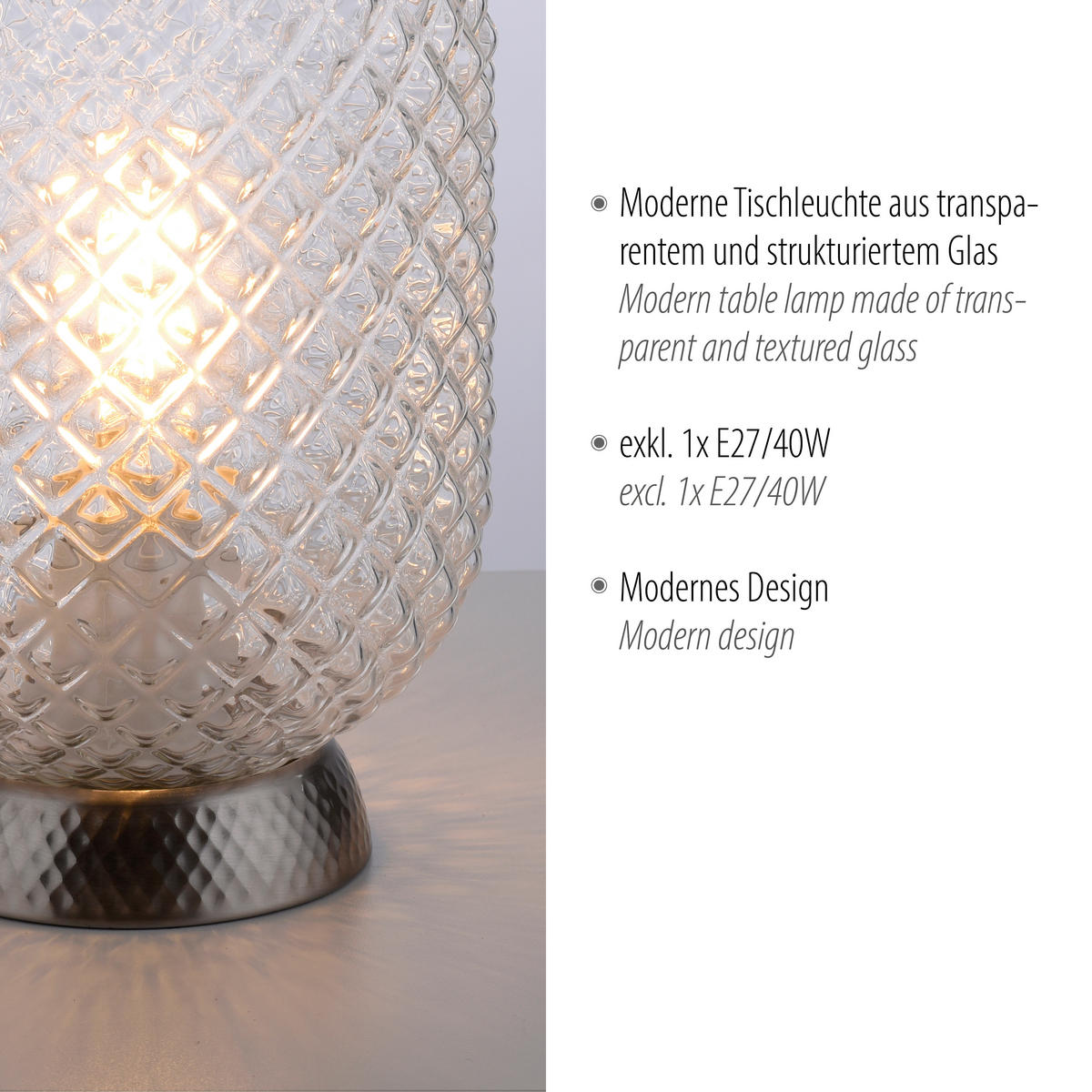 Just Light Tischleuchte 14906-55 Stahl Rauchglas H/D: ca. 23x15 cm E27 1 Brennstellen REISHI - Stahl (15,00/23,00cm) - Just Light