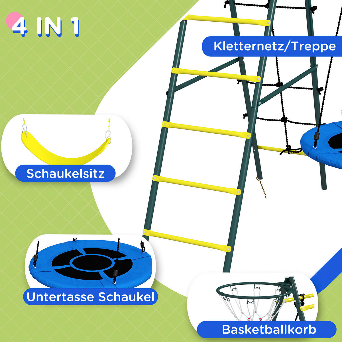 Outsunny Kinderschaukel gelb B/H/L: ca. 180x202x267 cm Kinderschaukel - gelb/grün (267,00/180,00/202,00cm) - Outsunny