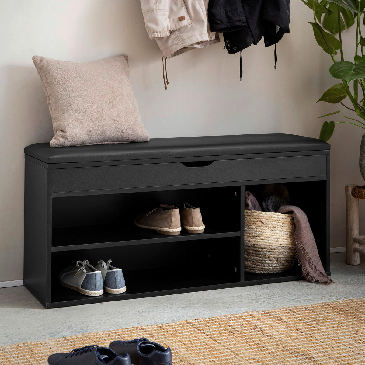 Schuhbank schwarz B/H/T: ca. 104x51x32 cm Schuhbank - schwarz (104,00/51,00/32,00cm) - Wohnling