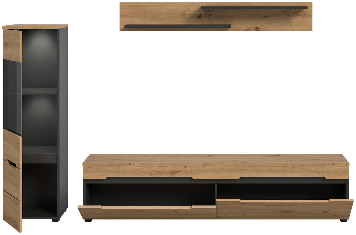 Wohnwand Canu basaltgrau Nachbildung Artisan Oak Nachbildung B/H/T: ca. 221x141x33 cm Canu - basaltgrau (221,00/141,00/33,00cm) - xonox.home
