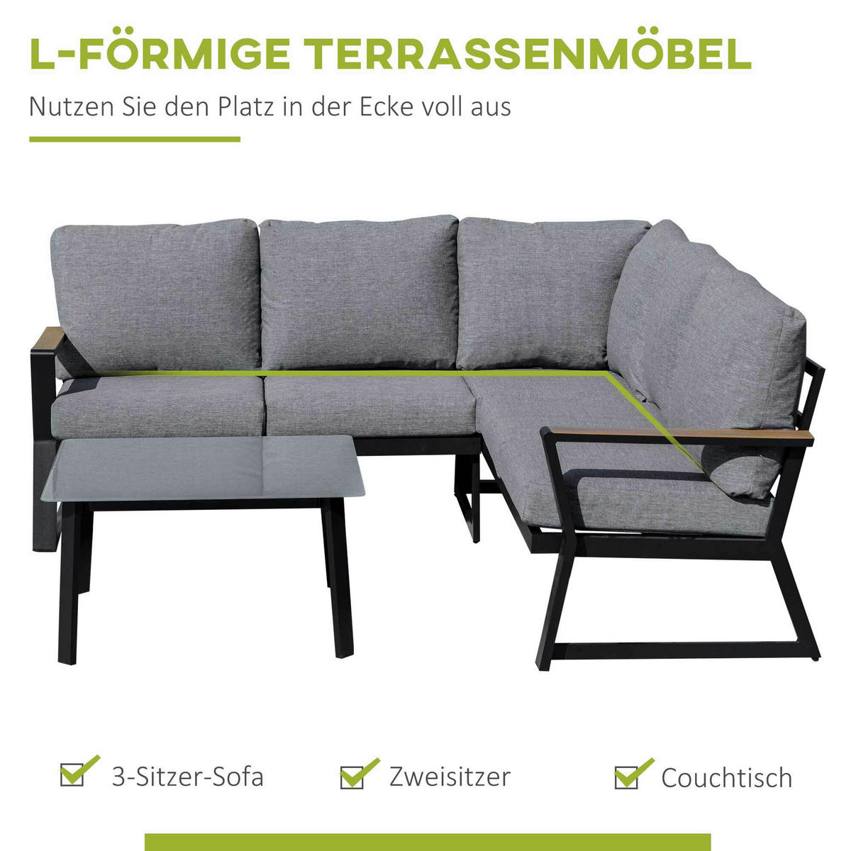Outsunny Loungeset grau Aluminium B/H/T: ca. 205x74x72 cm Loungeset - grau (205,00/74,00/72,00cm) - Outsunny
