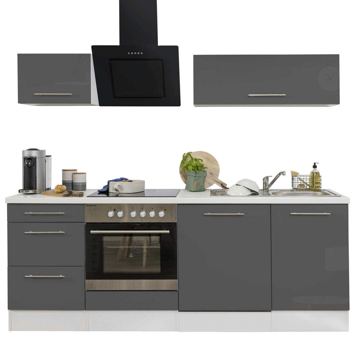 Respekta Küchenblock Amanda grau Hochglanz B/H/T: ca. 220x200x60 cm Amanda - weiß/Edelstahloptik (220,00/200,00/60,00cm) - Respekta