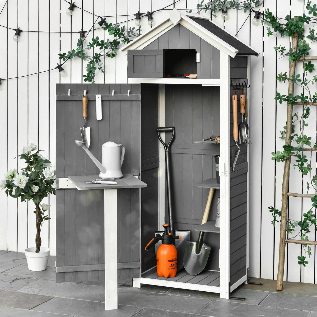 Outsunny Gartenhaus grau Holz B/H/L: ca. 52,5x182x78 cm Gartenhaus - weiß/grau (78,00/52,50/182,00cm) - Outsunny