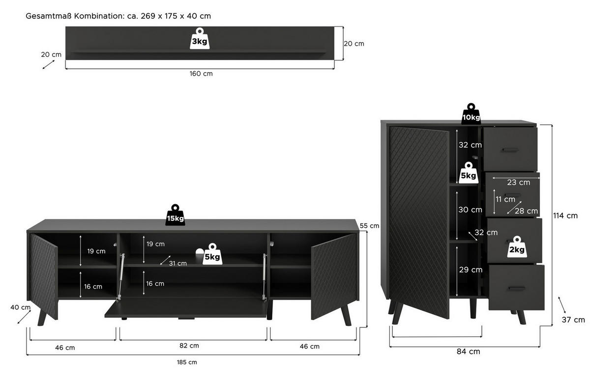 Wohnwand LINEA grau schwarz B/H/T: ca. 269x175x40 cm LINEA - schwarz/grau (269,00/175,00/40,00cm) - xonox.home