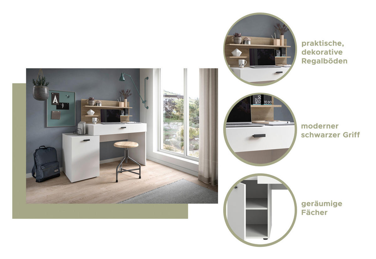 Schreibtisch Match weiß Eiche Sonoma Nachbildung B/H/T: ca. 130x117x54 cm Match - Eiche/weiß (130,00/117,00/54,00cm)