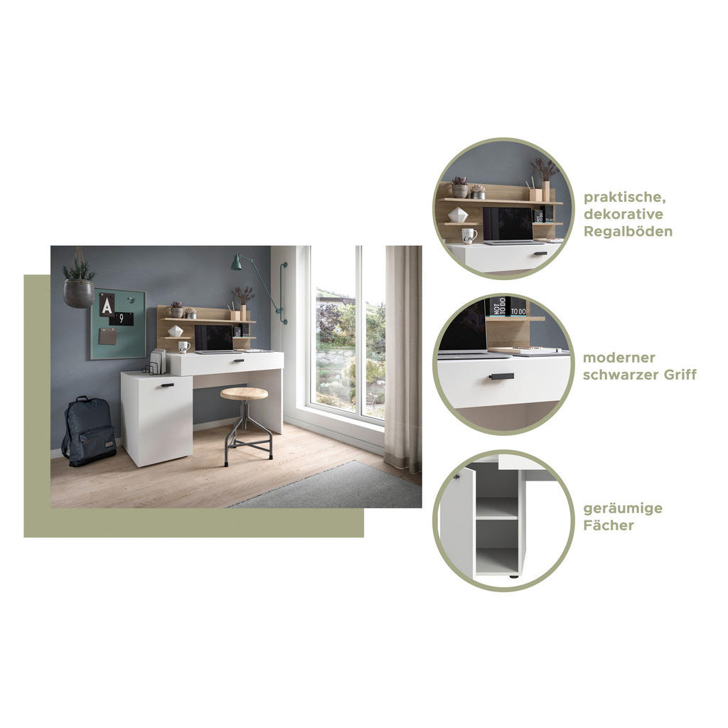 Thumbnail - Schreibtisch Match weiß Eiche Sonoma Nachbildung B/H/T: ca. 130x117x54 cm