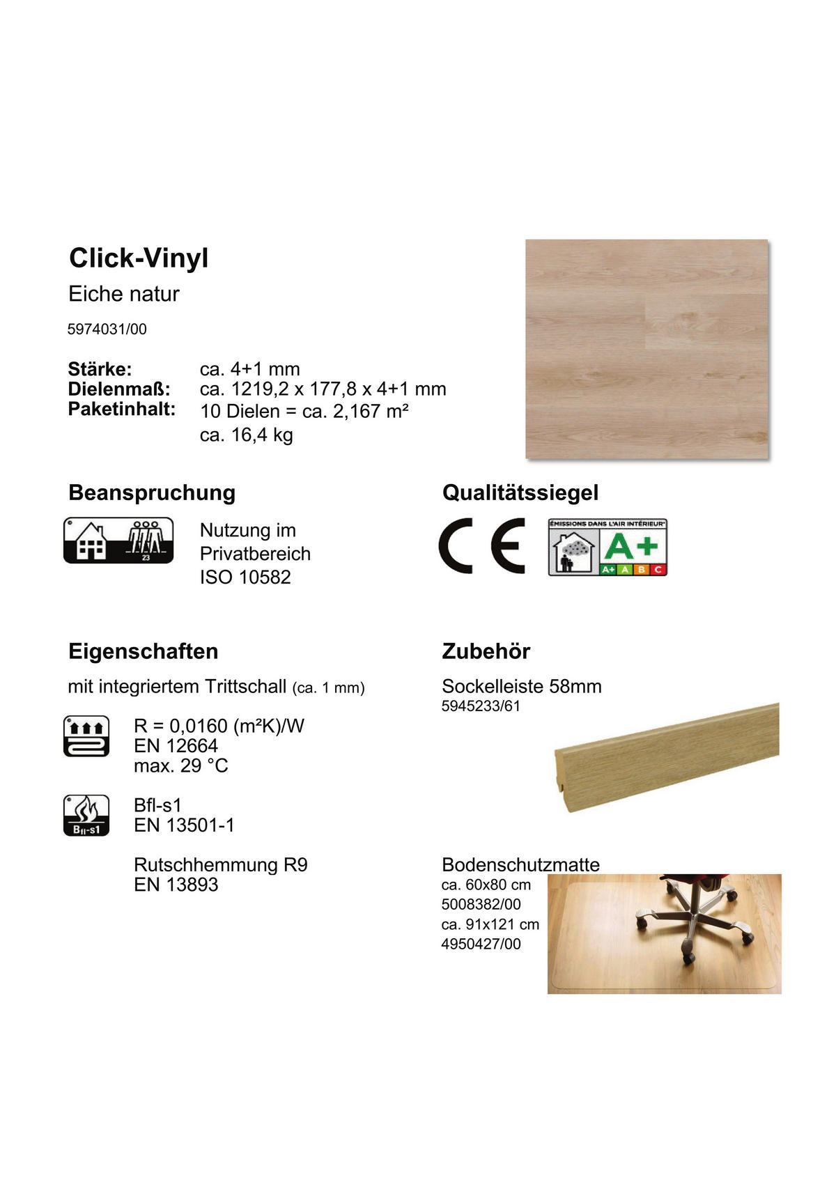 Click-Vinylboden Diele natur ca. 2,17 m² im Paket  B/L: ca. 17,78x121,92 cm pro Paket Diele natur ca. 2,17 m² im Paket - (17,78/121,92cm)