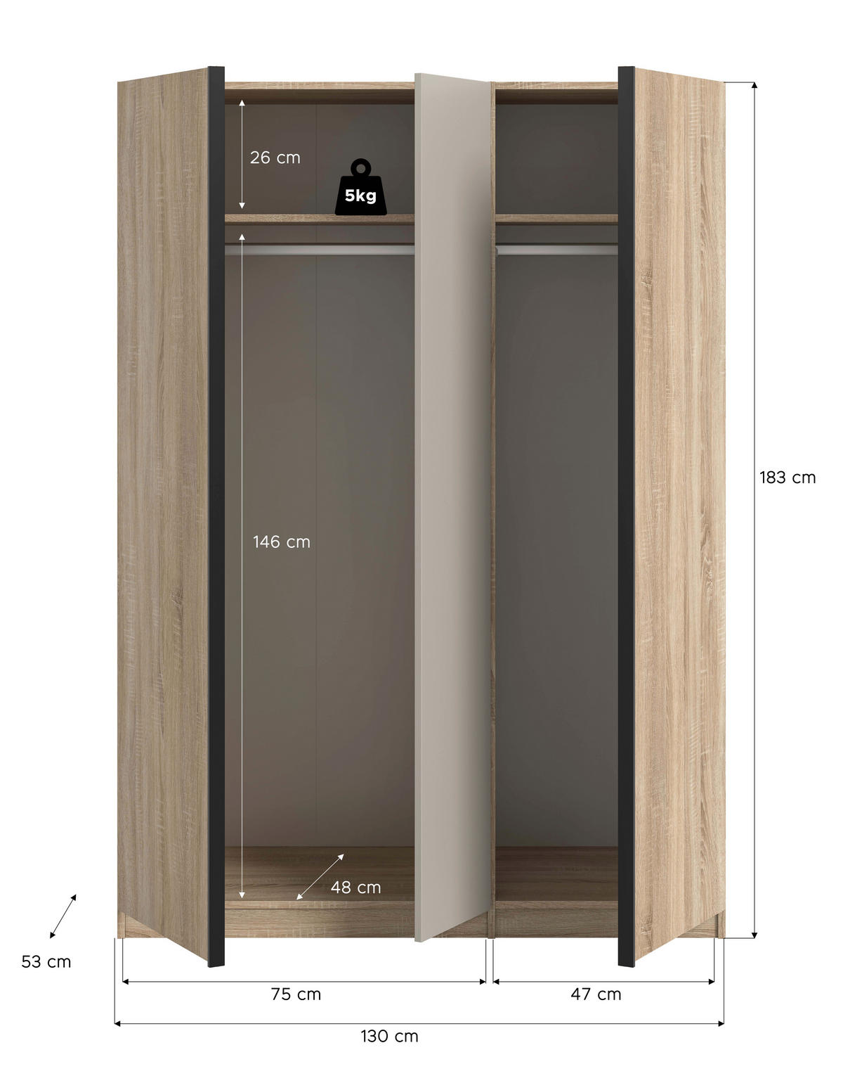 Kleiderschrank OAKLAND Eiche Sonoma Nachbildung Cashmere B/H/T: ca. 130x183x53 cm OAKLAND - Eiche/Cashmere (130,00/183,00/53,00cm) - xonox.home