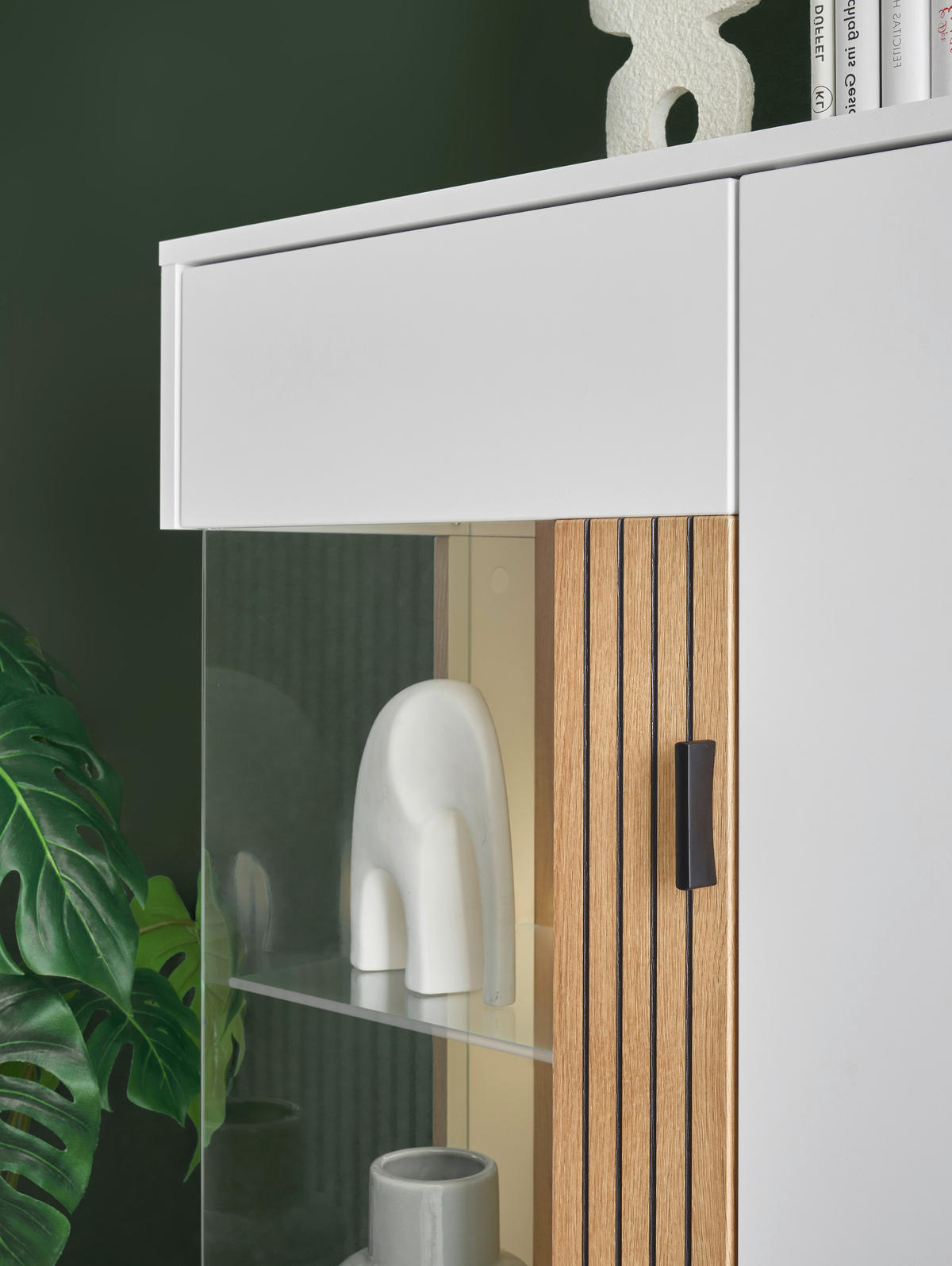 Vitrine Hudson weiß matt Eiche Evoke Coast Nachbildung B/H/T: ca. 75x125x38 cm Hudson - Eiche/weiß (75,00/125,00/38,00cm)
