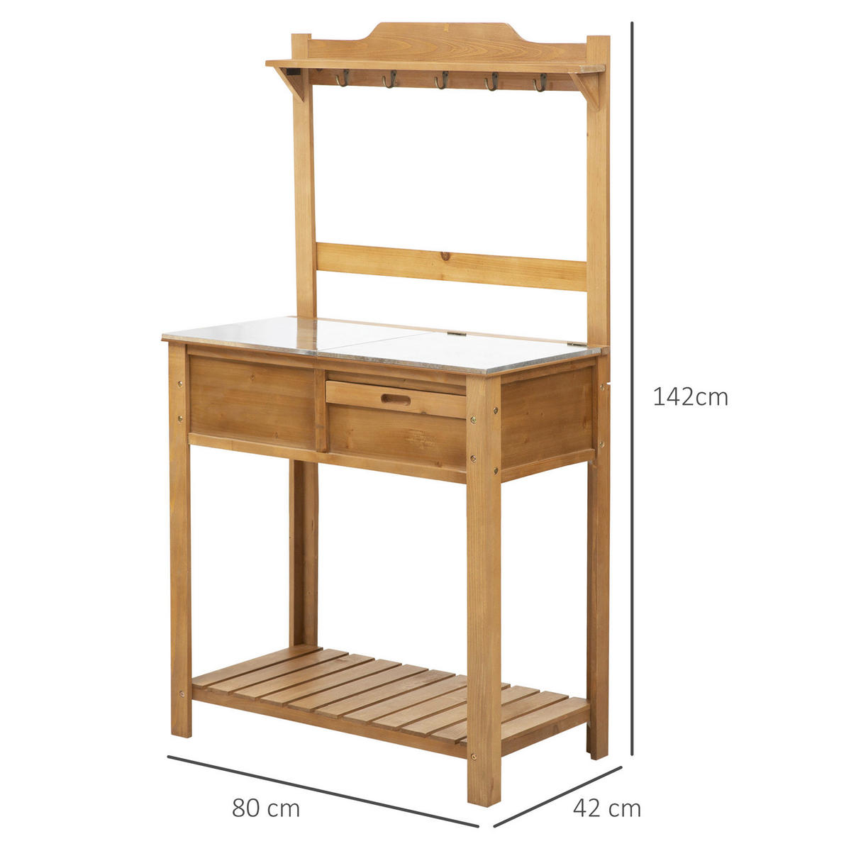 Outsunny Pflanztisch mit Haken natur B/H/L: ca. 42x142x80 cm Pflanztisch 845-375 - natur (80,00/42,00/142,00cm) - Outsunny