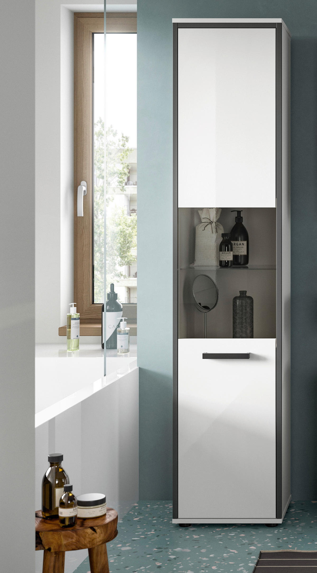 Midischrank KOJAK weiß Hochglanz anthrazit grau B/H/T: ca. 40x188x34 cm KOJAK - weiß/anthrazit (40,00/188,00/34,00cm) - xonox.home