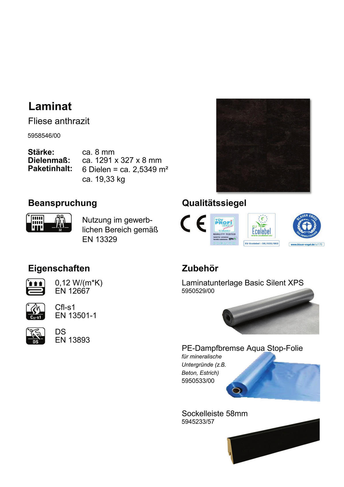 EGGER Laminatboden Fliese anth. ca. 2,5349 m² im Paket  B/L: ca. 34x130,5 cm pro Paket Fliese anth. ca. 2,5349 m² im Paket - anthrazit (34,00/130,50cm) - EGGER
